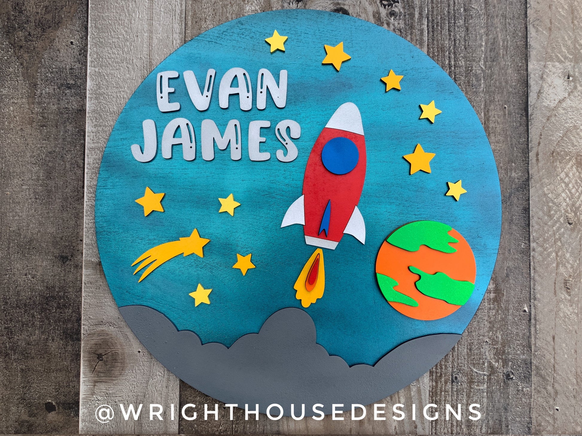 Rocket Ship Blast Off Space Baby Boy Nursery Round - Sign Making Home Decor and DIY Kits - Cut File For Glowforge Lasers - Digital SVG File