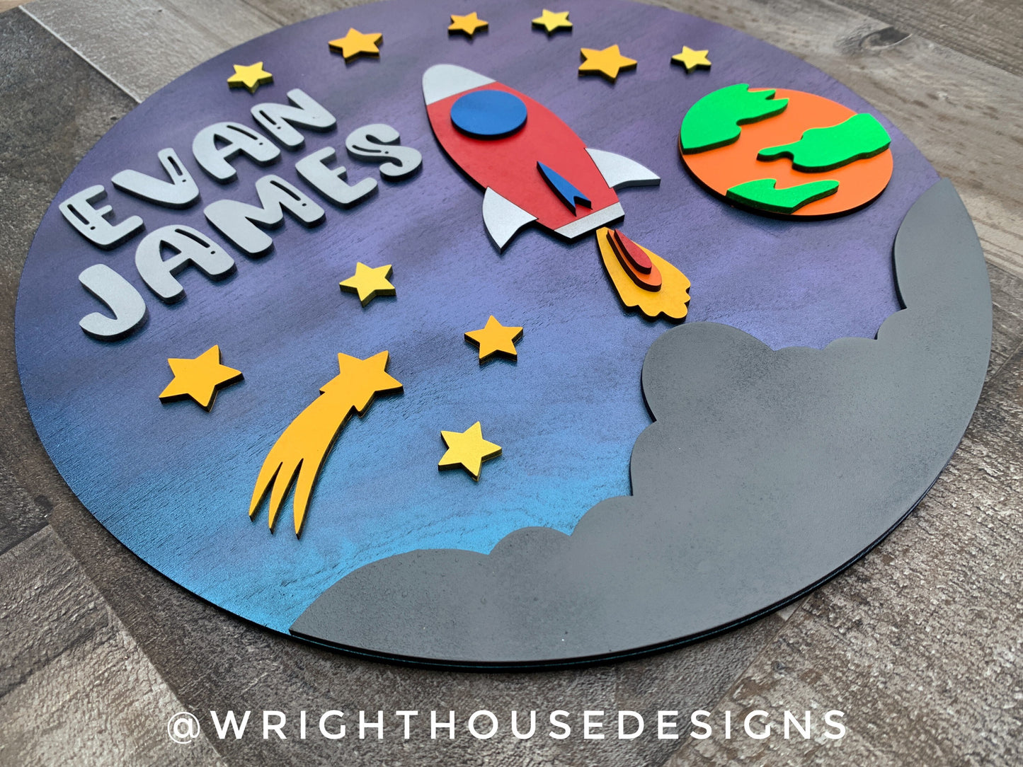 Rocket Ship Blast Off Space Baby Boy Nursery Round - Sign Making Home Decor and DIY Kits - Cut File For Glowforge Lasers - Digital SVG File