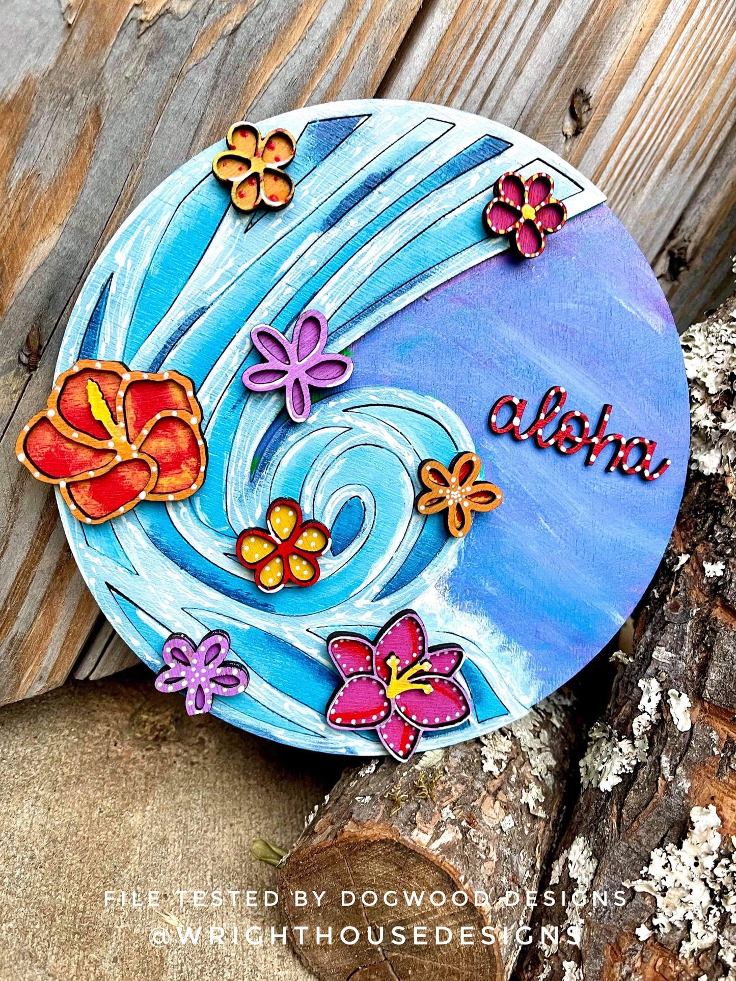 Aloha Waterfall Door Hanger Round - Summer Floral Sign Making and DIY Kits - Single Line Cut File For Glowforge Laser - Digital SVG File