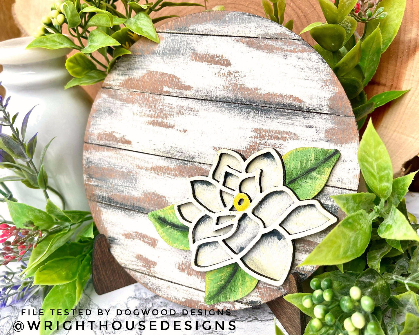 Gardenia Simple Floral Shelf Sitter Sign - Round Sign Making and DIY Kits - Beginner Cut File For Glowforge Lasers - Digital SVG File