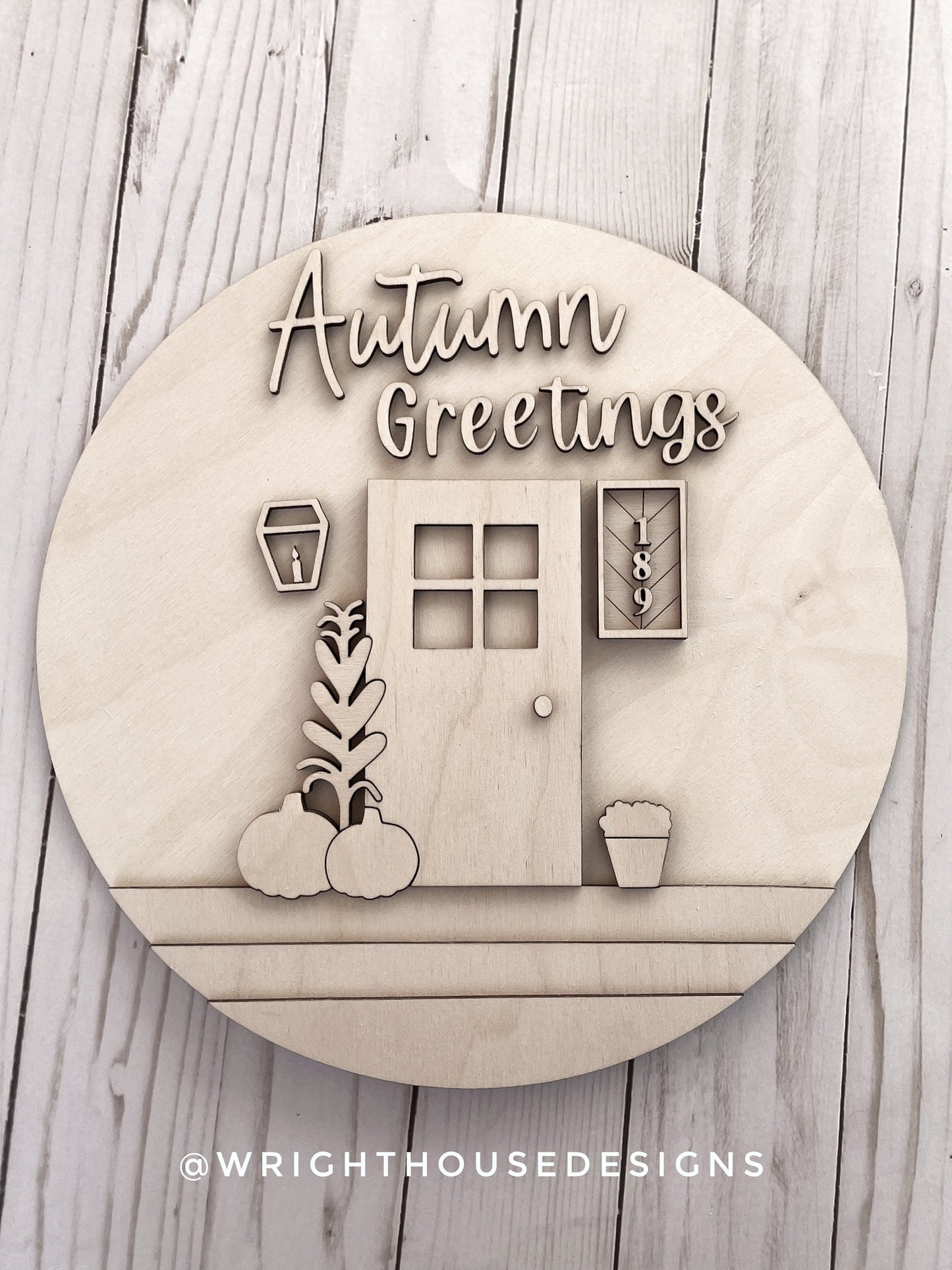 Autumn Greetings Front Porch Door Hanger Round - Seasonal Sign Making and DIY Kits - Cut File For Glowforge Laser - Digital SVG File