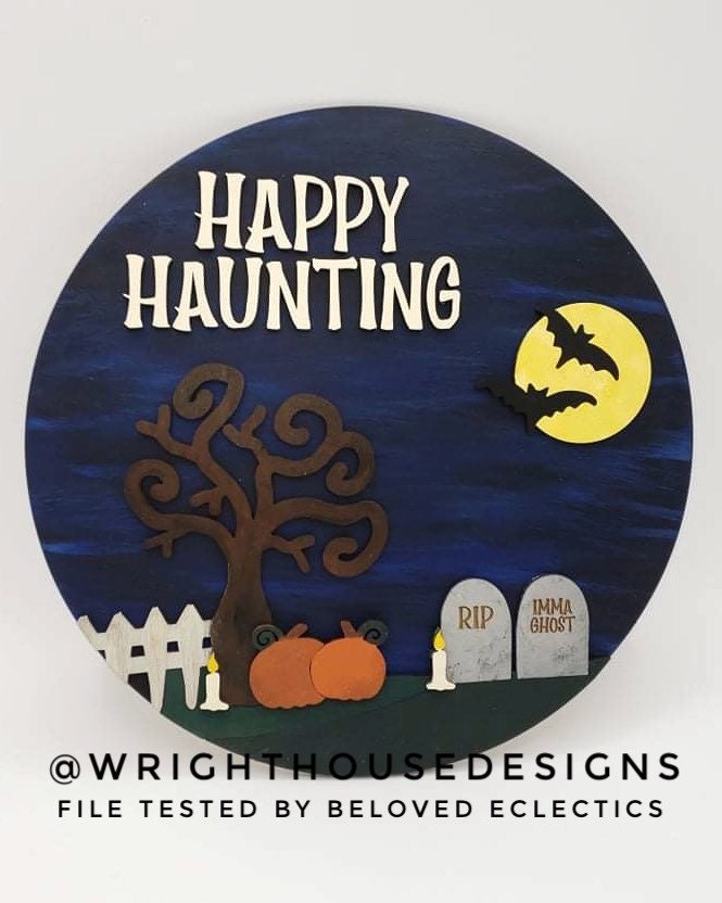 Happy Haunting Graveyard Halloween Door Hanger Round - Seasonal Sign Making and DIY Kits - Cut File For Glowforge Lasers - Digital SVG File