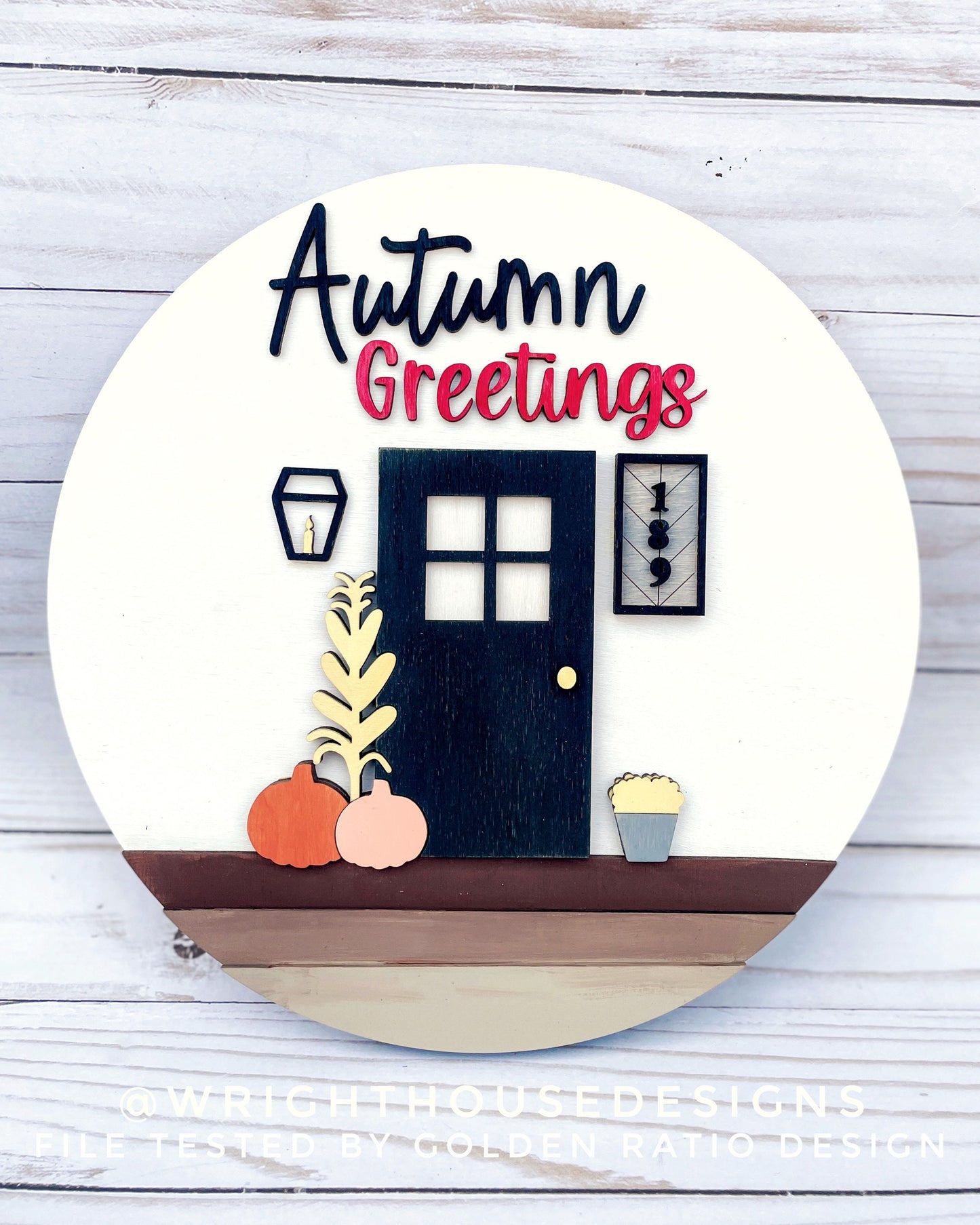 Autumn Greetings Front Porch Door Hanger Round - Seasonal Sign Making and DIY Kits - Cut File For Glowforge Laser - Digital SVG File