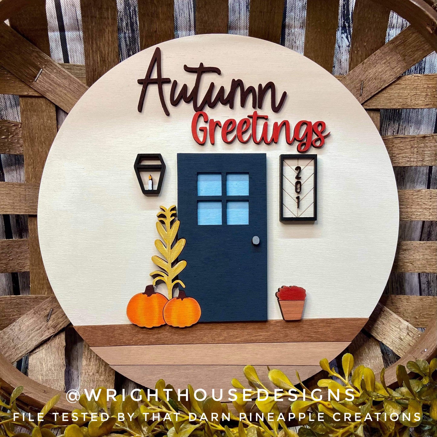 Autumn Greetings Front Porch Door Hanger Round - Seasonal Sign Making and DIY Kits - Cut File For Glowforge Laser - Digital SVG File