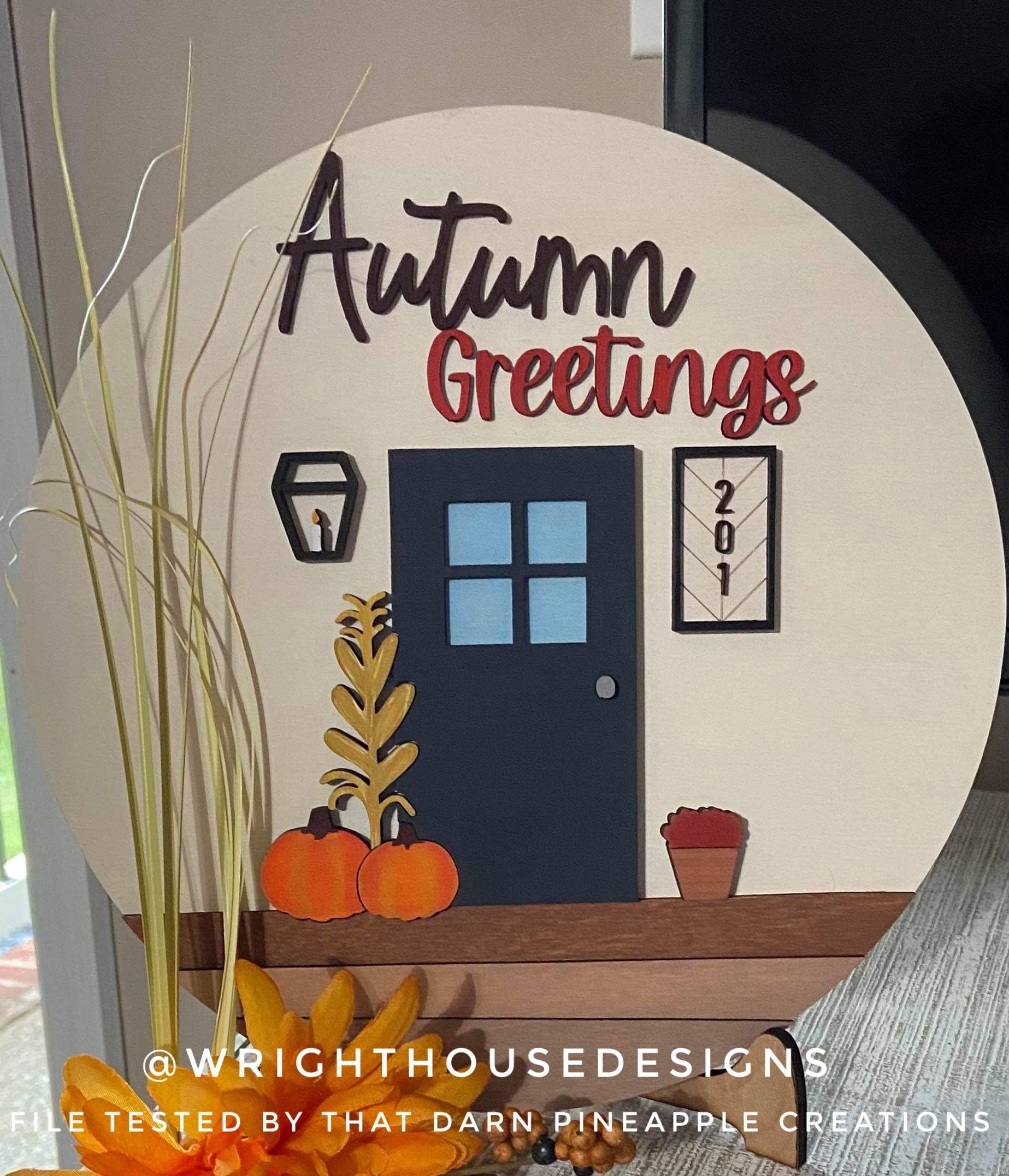 Autumn Greetings Front Porch Door Hanger Round - Seasonal Sign Making and DIY Kits - Cut File For Glowforge Laser - Digital SVG File