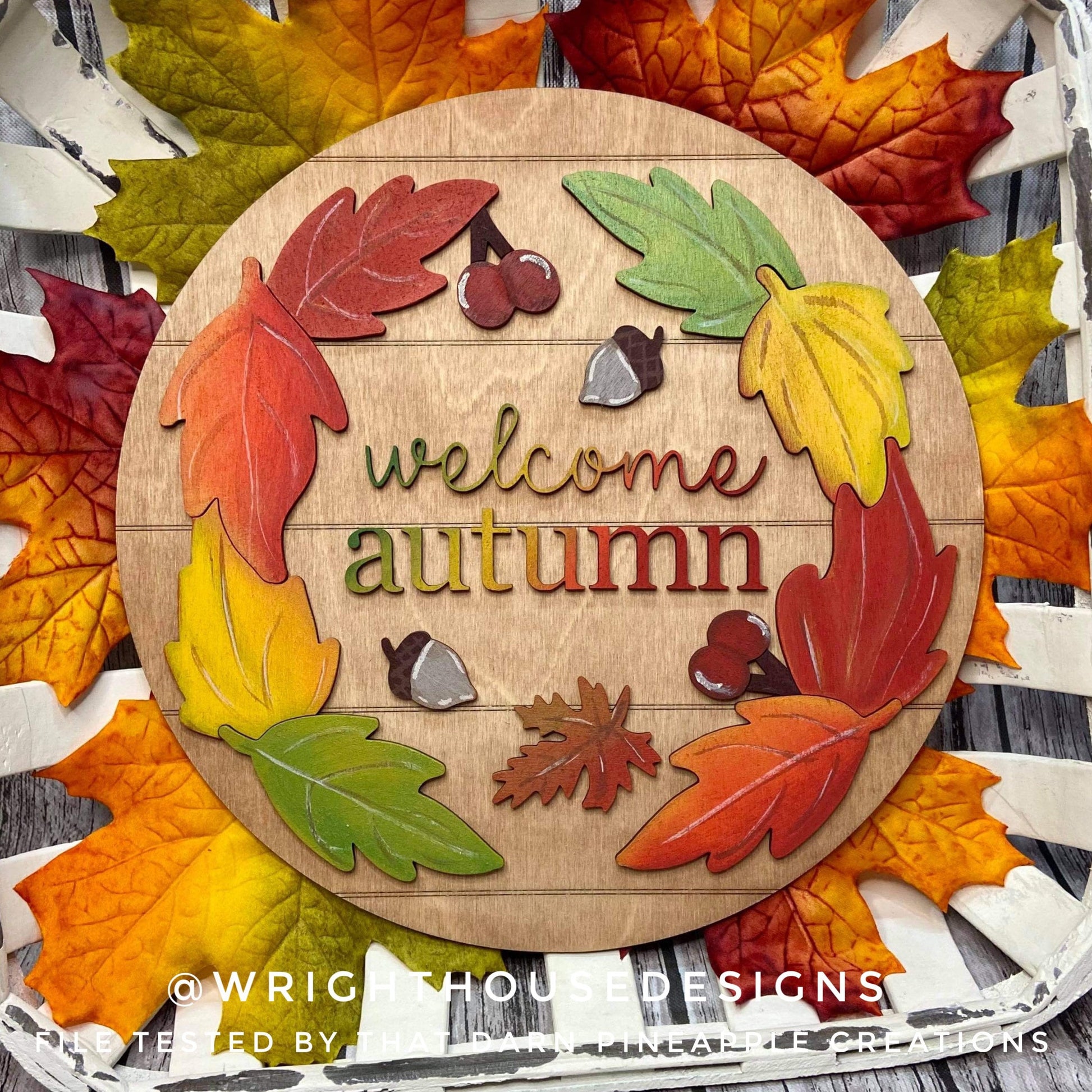 Welcome Autumn Festive Foliage Round and Frame Sign - Seasonal Sign Making and DIY Kits - Cut File For Glowforge Laser - Digital SVG File