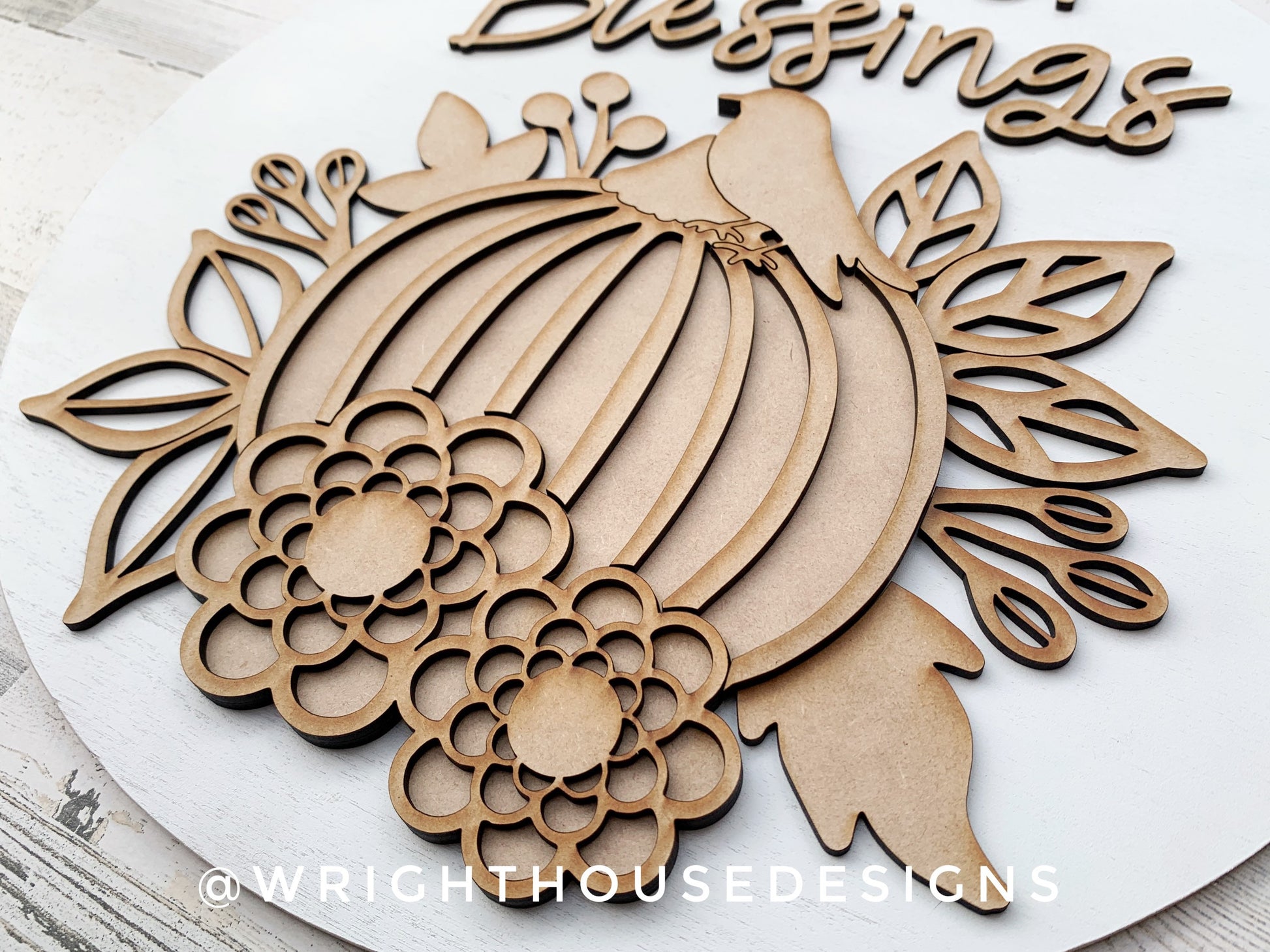 Harvest Blessings Pumpkin and Floral Door Hanger Round - Seasonal Sign Making and DIY Kits - Cut File For Glowforge Laser - Digital SVG File