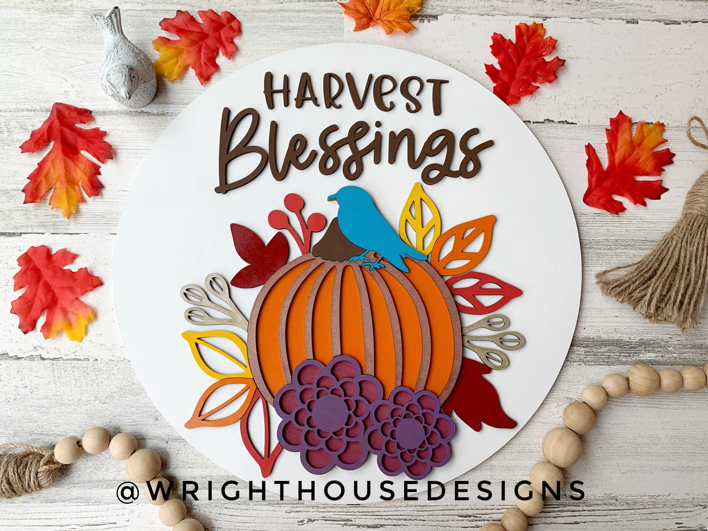 Harvest Blessings Pumpkin and Floral Door Hanger Round - Seasonal Sign Making and DIY Kits - Cut File For Glowforge Laser - Digital SVG File