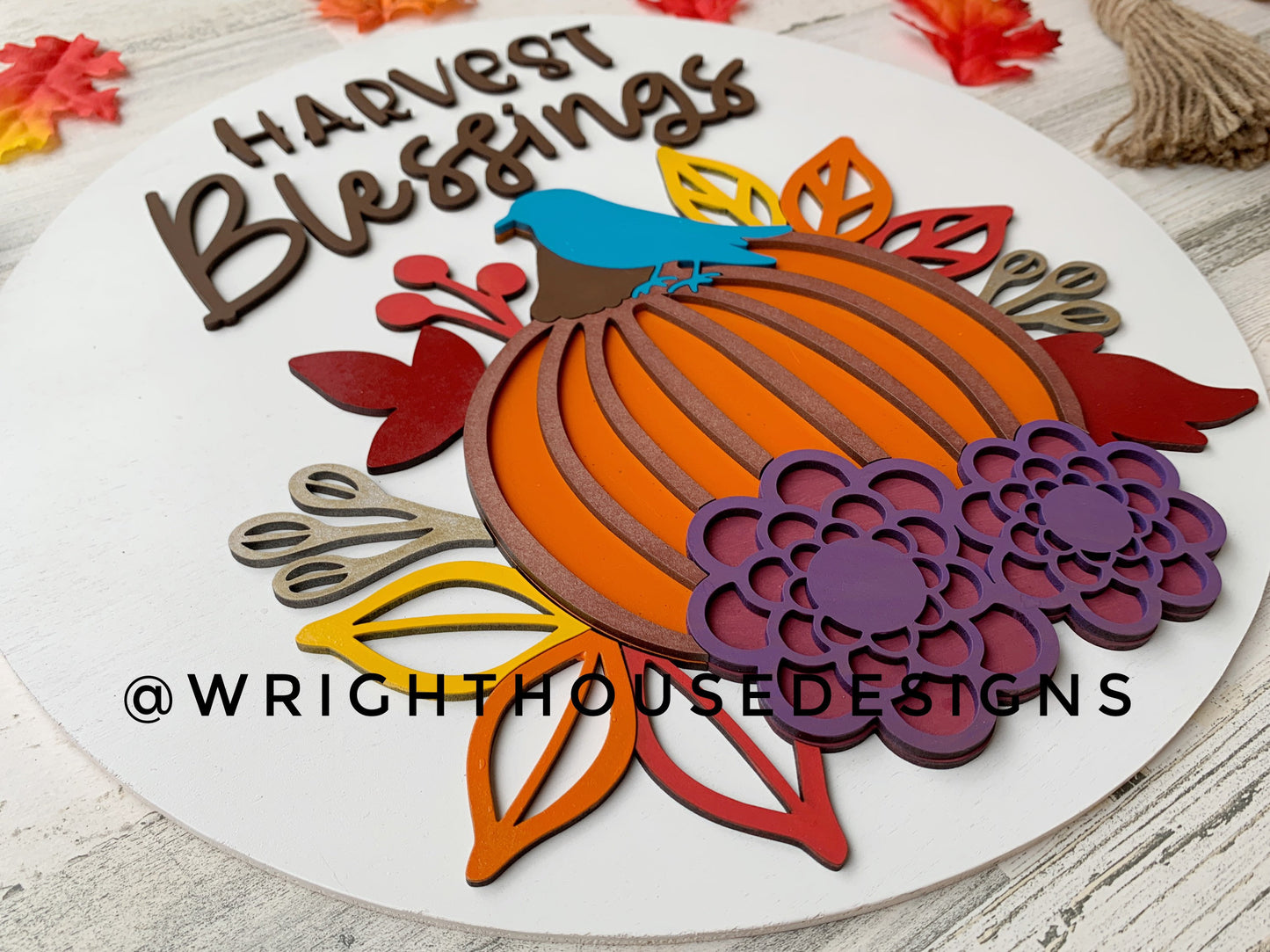 Harvest Blessings Pumpkin and Floral Door Hanger Round - Seasonal Sign Making and DIY Kits - Cut File For Glowforge Laser - Digital SVG File