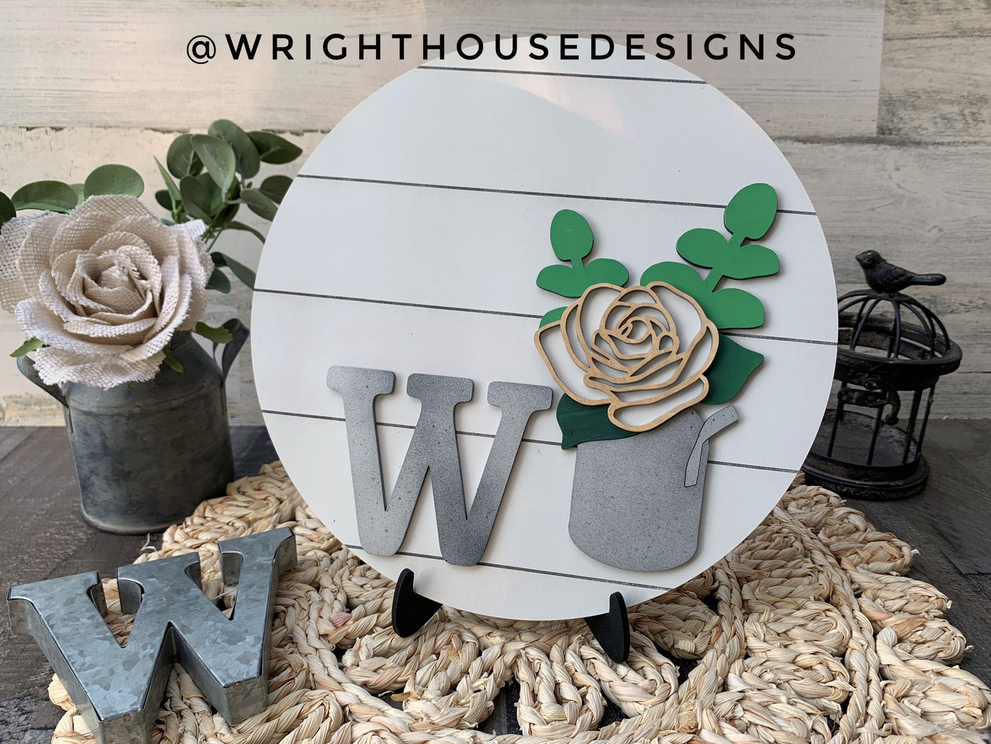 Rustic Farmhouse Rose and Eucalyptus Floral Shelf Sitter Round - Sign Making and DIY Kits - Cut File For Glowforge Lasers - Digital SVG File