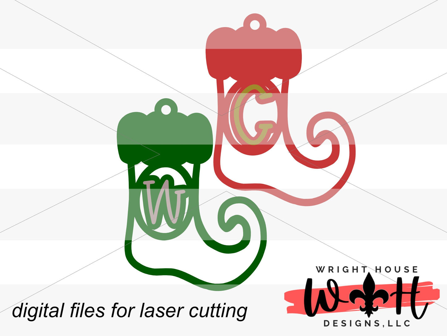 Elf Slipper Monogram Stocking Tags Christmas Ornament Bundle - Quick Cut Gift Bag Tag Set - Cut File For Glowforge Lasers - Digital SVG File