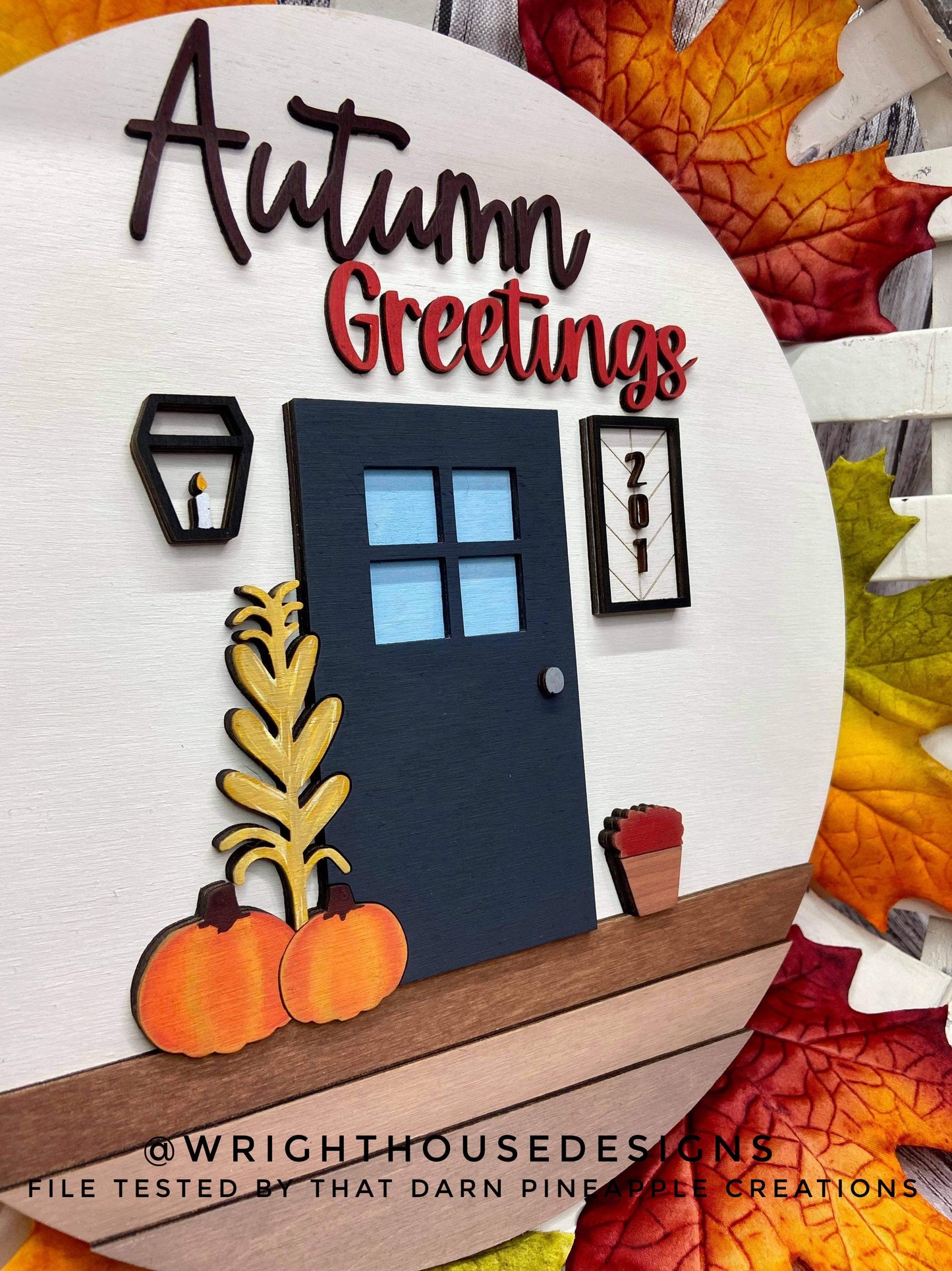 Autumn Greetings Front Porch Door Hanger Round - Seasonal Sign Making and DIY Kits - Cut File For Glowforge Laser - Digital SVG File