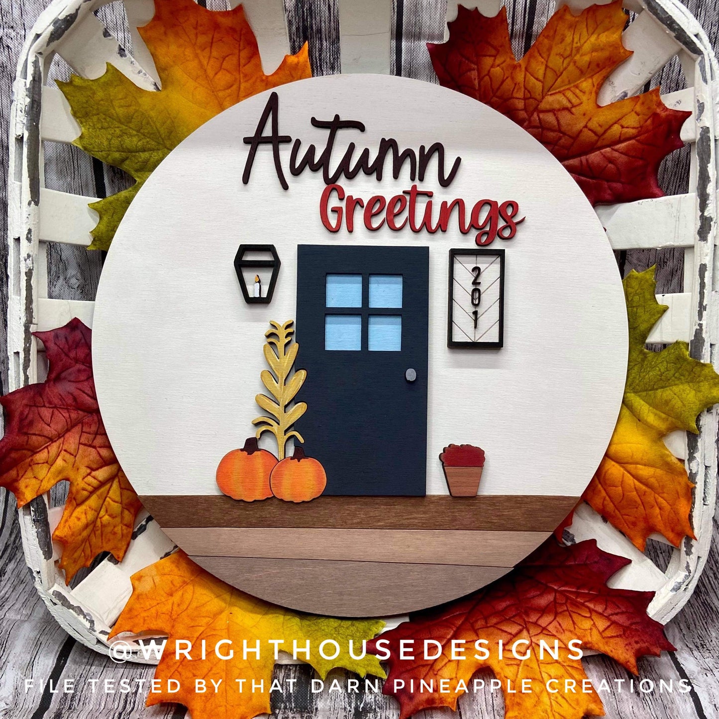 Autumn Greetings Front Porch Door Hanger Round - Seasonal Sign Making and DIY Kits - Cut File For Glowforge Laser - Digital SVG File