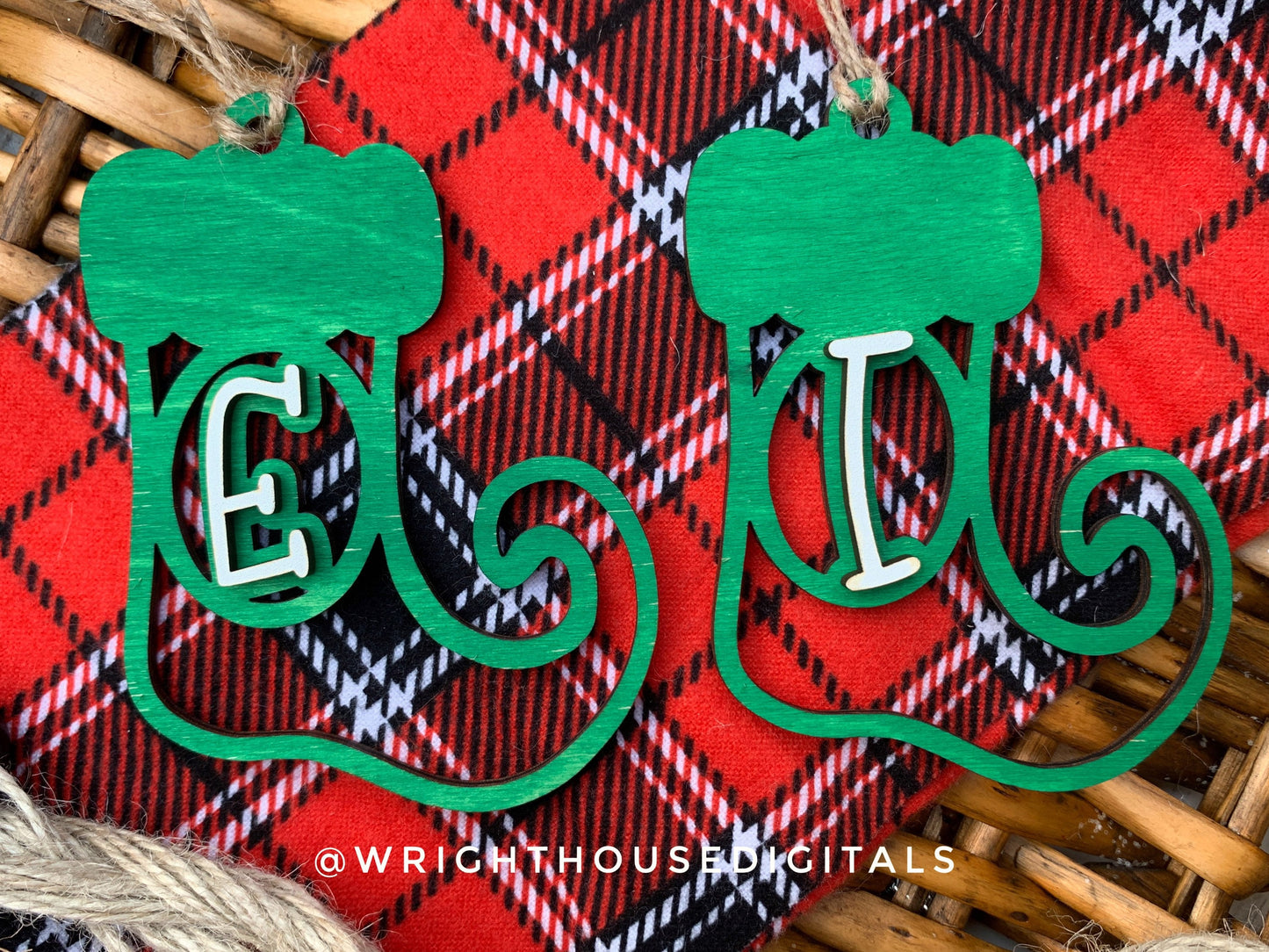 Elf Slipper Monogram Stocking Tags Christmas Ornament Bundle - Quick Cut Gift Bag Tag Set - Cut File For Glowforge Lasers - Digital SVG File