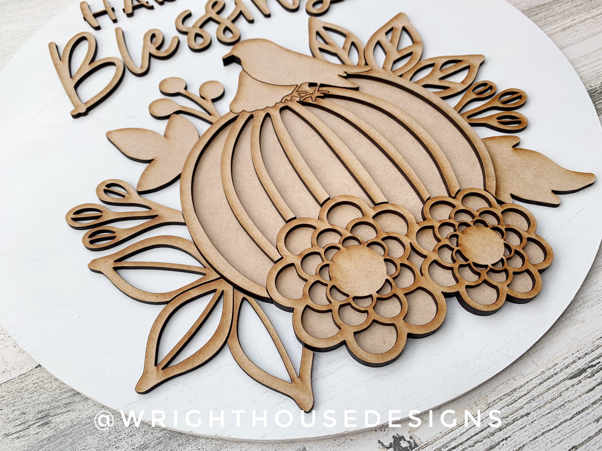 Harvest Blessings Pumpkin and Floral Door Hanger Round - Seasonal Sign Making and DIY Kits - Cut File For Glowforge Laser - Digital SVG File