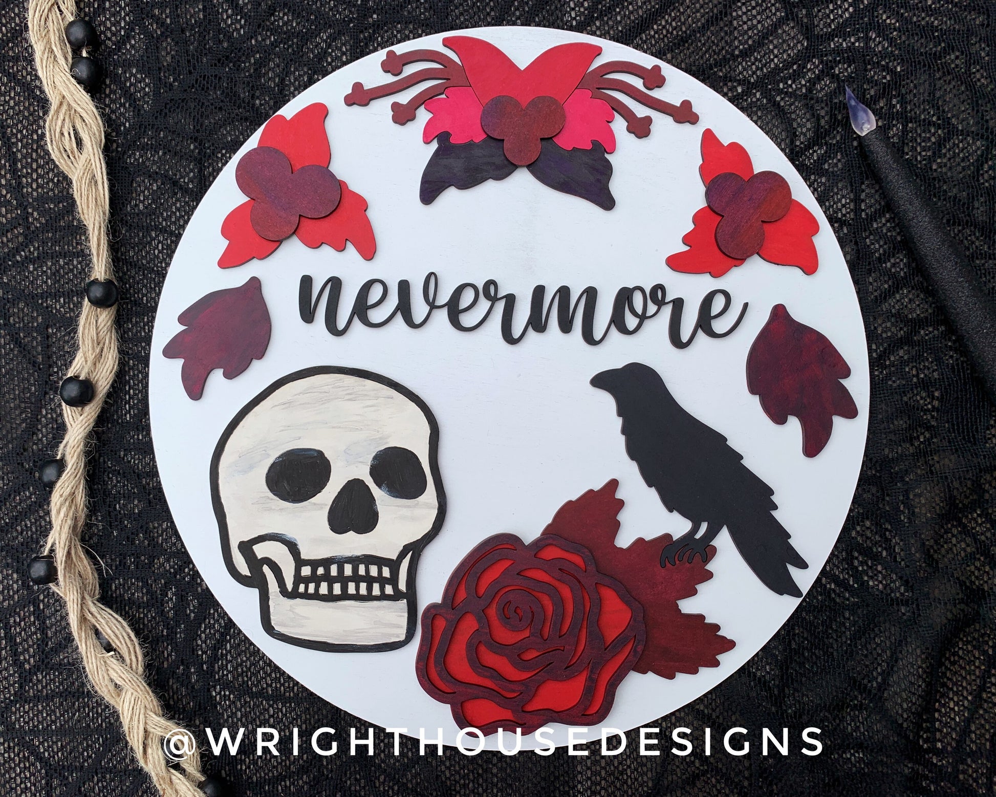 Nevermore Skull and Raven Halloween Door Hanger Round - Seasonal Sign Making and DIY Kits - Cut File For Glowforge Lasers - Digital SVG File