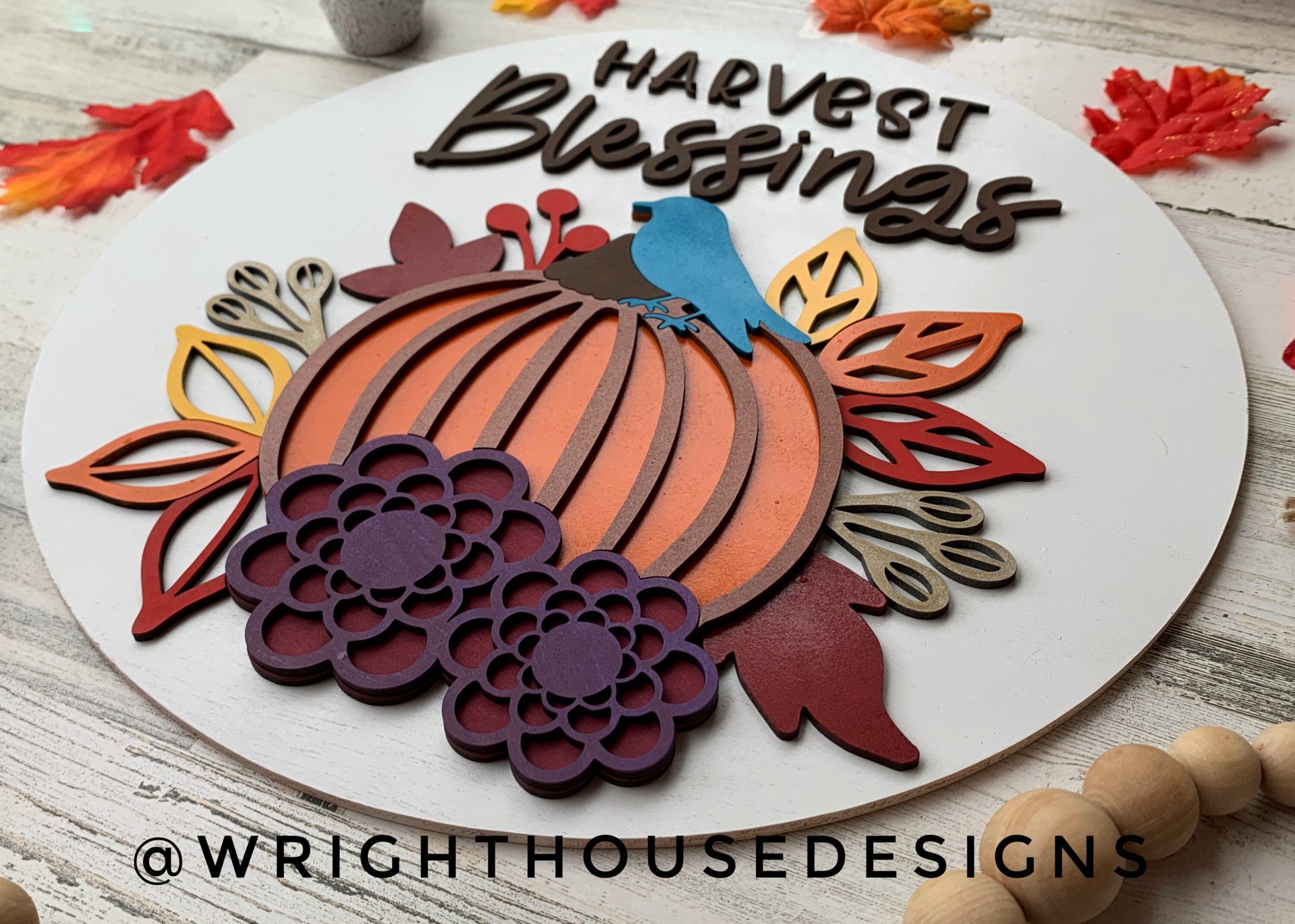 Harvest Blessings Pumpkin and Floral Door Hanger Round - Seasonal Sign Making and DIY Kits - Cut File For Glowforge Laser - Digital SVG File