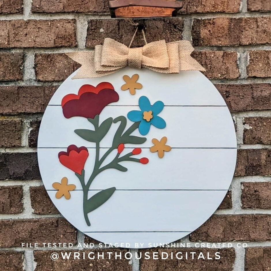 Stacy Wildflowers Door Hanger Round - Spring Floral Sign Making and DIY Kits - Single Line Cut File For Glowforge Laser - Digital SVG File