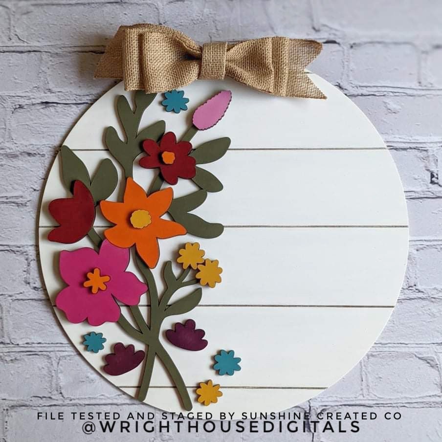 Daniela Wildflowers Door Hanger Round - Spring Floral Sign Making and DIY Kits - Single Line Cut File For Glowforge Laser - Digital SVG File