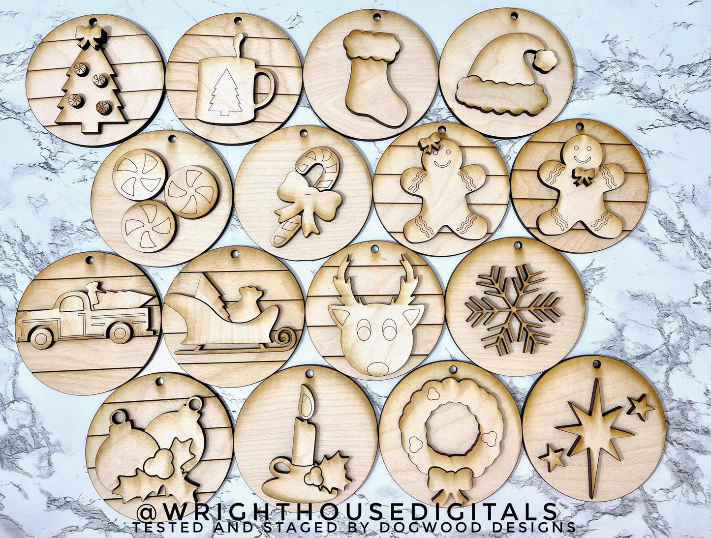 Holiday Icons Ornament Bundle - Personalizable Modern Farmhouse Christmas Ornaments - Cut File For Glowforge Lasers - Digital SVG File