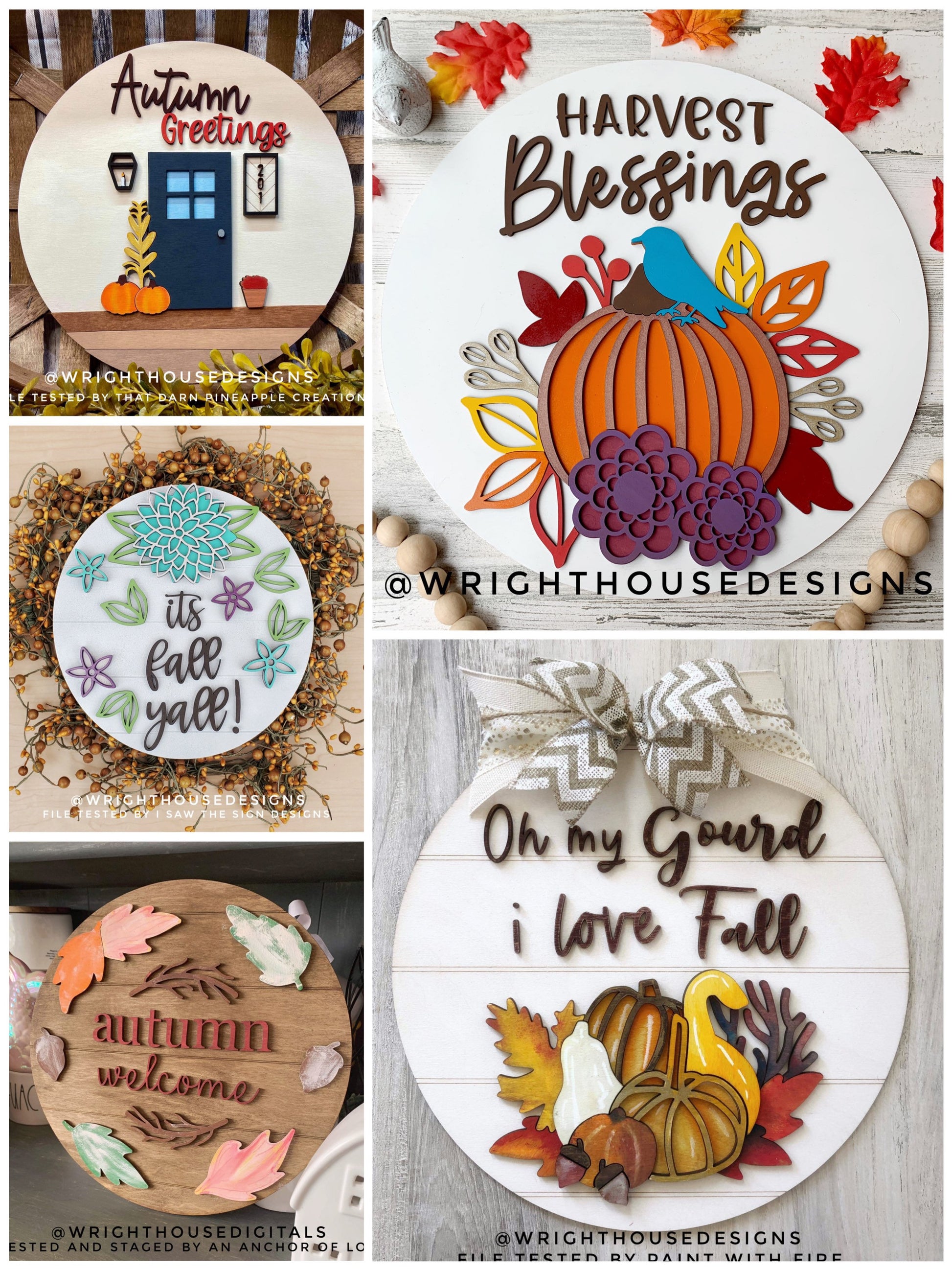 Fall File Sign Bundle Autumn Door Hanger Rounds - Seasonal Sign Making and DIY Kits - Cut File For Glowforge Laser - Digital SVG File