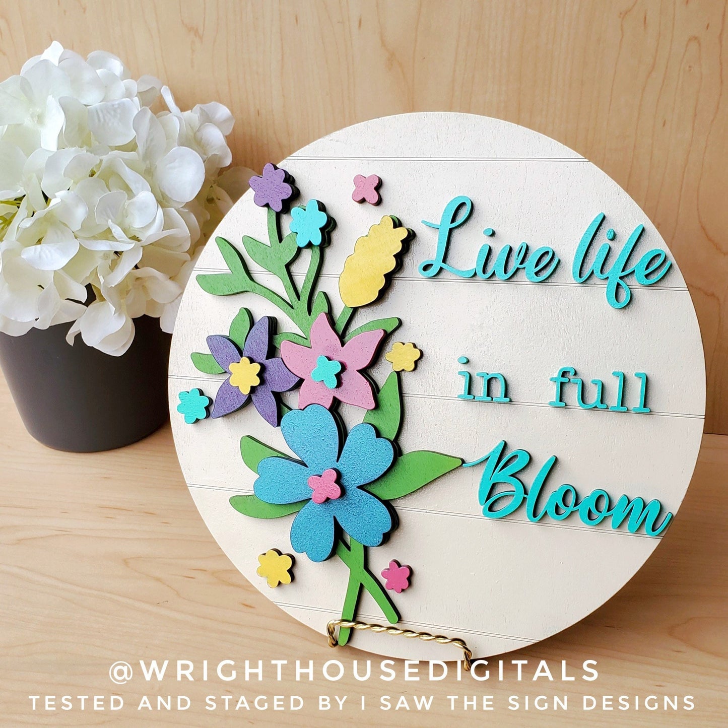 Nicole Wildflowers Shelf Sitter Round - Spring Floral Sign Making and DIY Kits - Single Line Cut File For Glowforge Laser - Digital SVG File