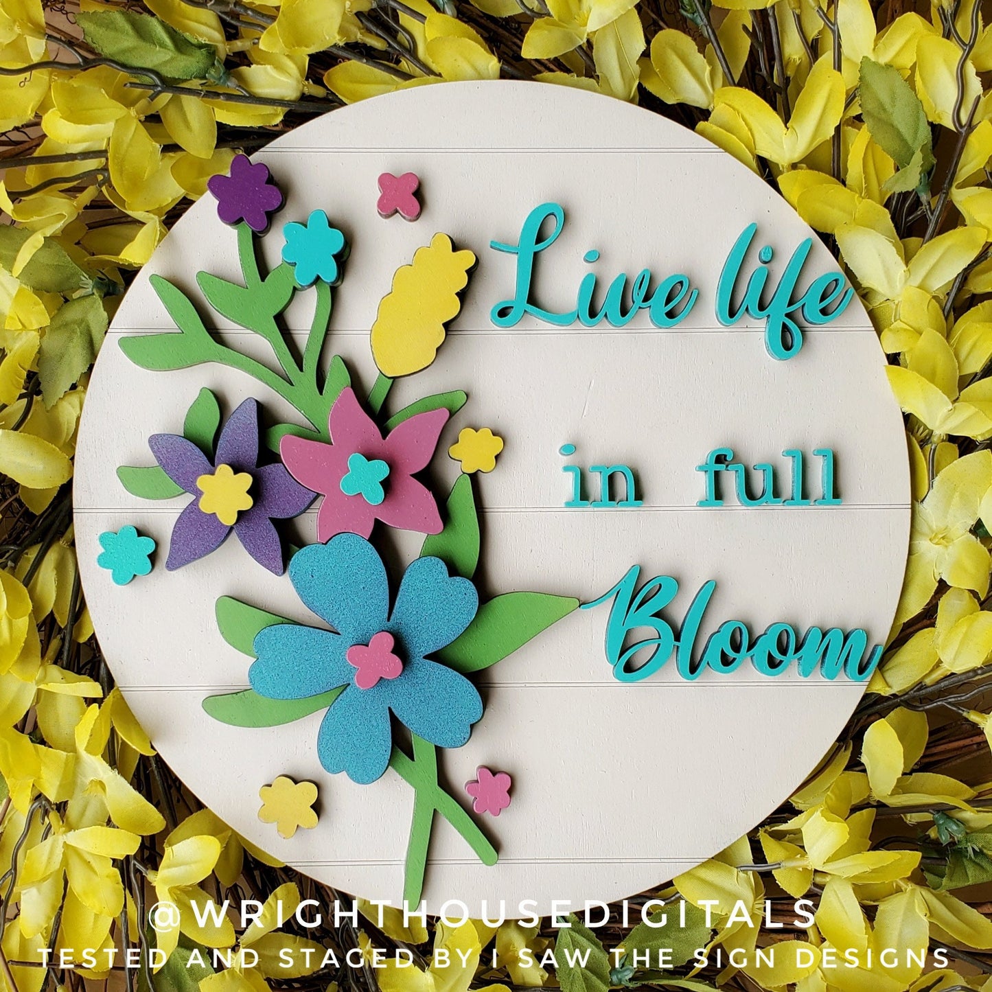 Nicole Wildflowers Shelf Sitter Round - Spring Floral Sign Making and DIY Kits - Single Line Cut File For Glowforge Laser - Digital SVG File