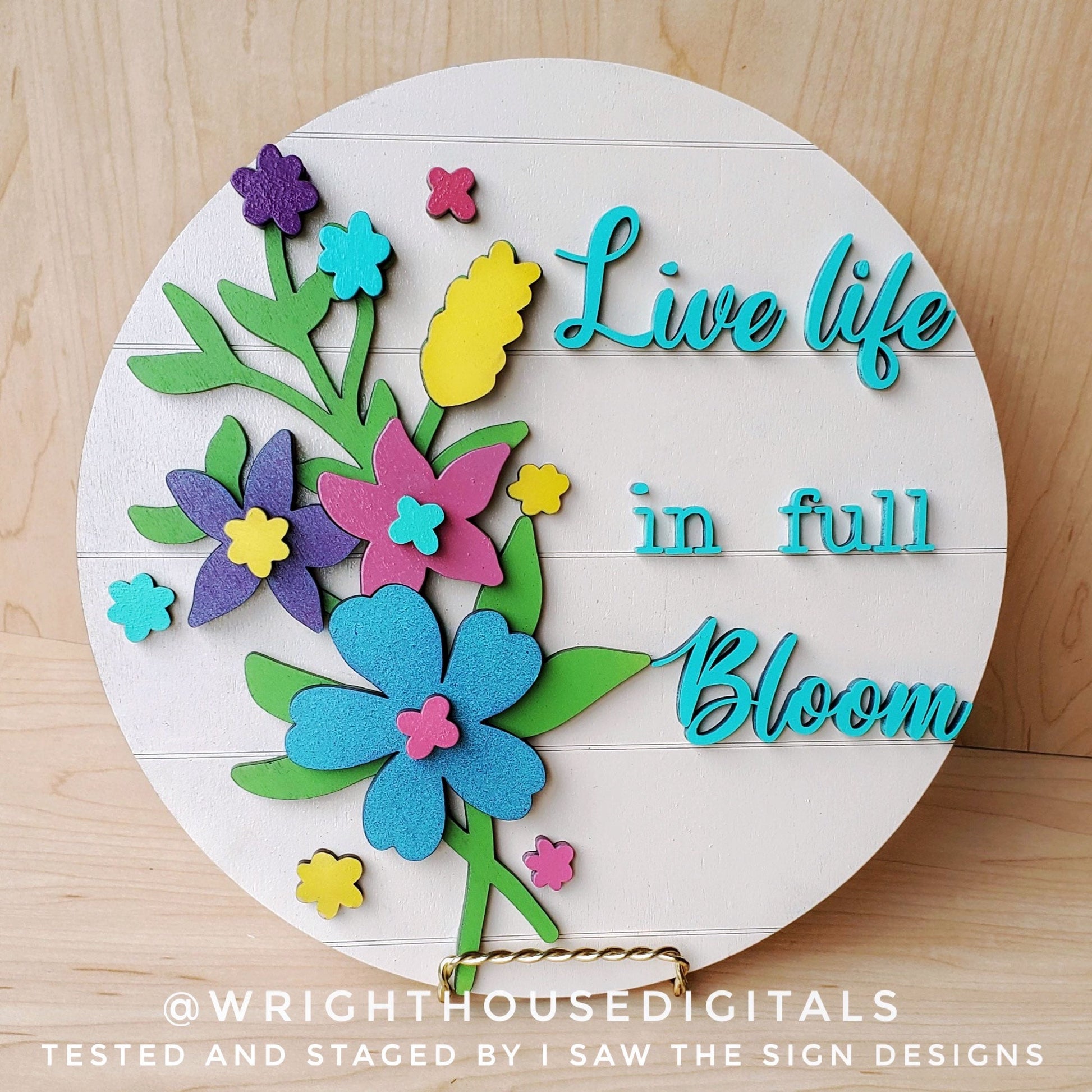 Nicole Wildflowers Shelf Sitter Round - Spring Floral Sign Making and DIY Kits - Single Line Cut File For Glowforge Laser - Digital SVG File