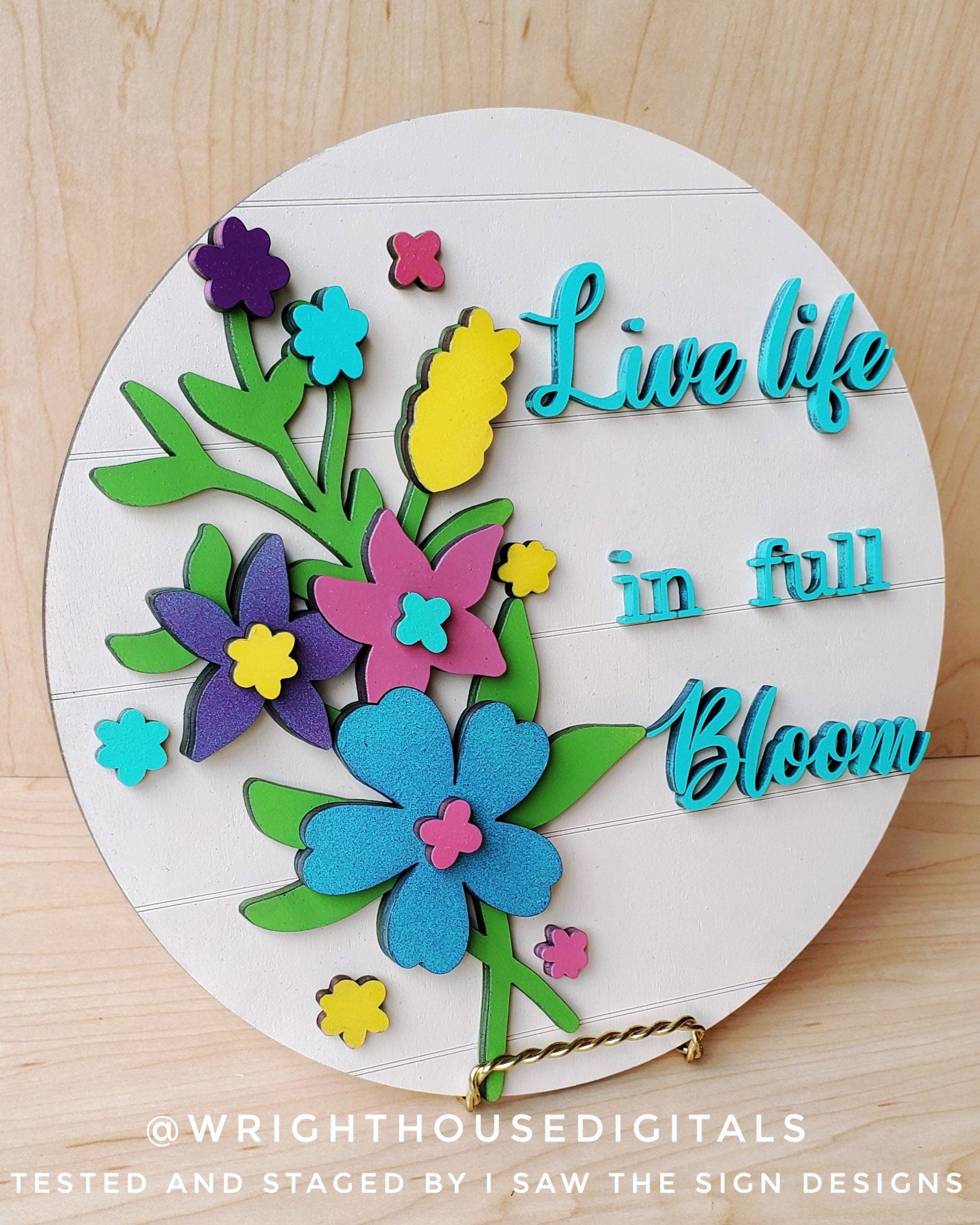 Nicole Wildflowers Shelf Sitter Round - Spring Floral Sign Making and DIY Kits - Single Line Cut File For Glowforge Laser - Digital SVG File