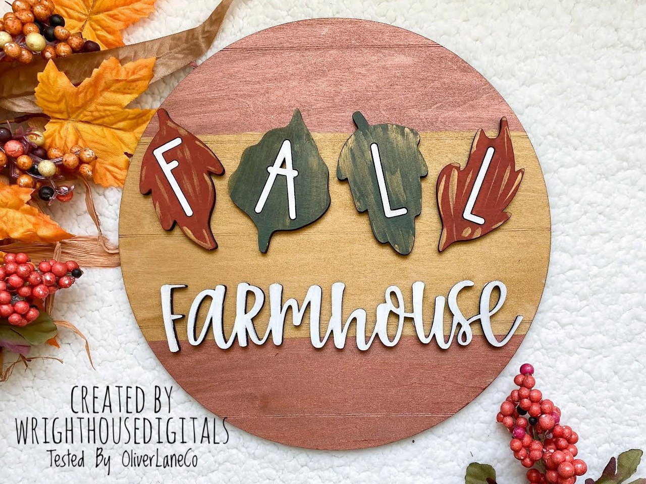 Fall Farmhouse In Leaves Door Hanger Round - Seasonal Sign Making and DIY Kits - Cut File For Glowforge Laser - Digital SVG File