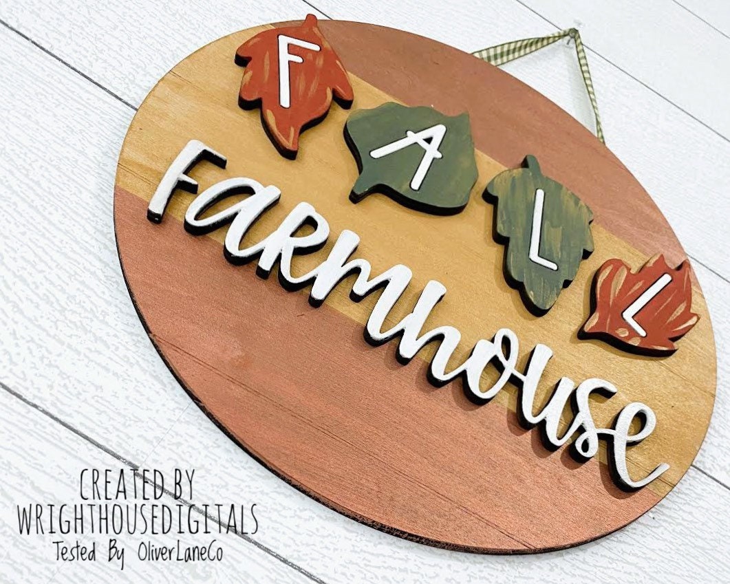 Fall Farmhouse In Leaves Door Hanger Round - Seasonal Sign Making and DIY Kits - Cut File For Glowforge Laser - Digital SVG File