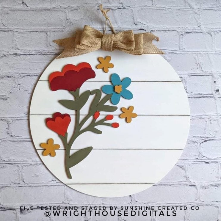 Stacy Wildflowers Door Hanger Round - Spring Floral Sign Making and DIY Kits - Single Line Cut File For Glowforge Laser - Digital SVG File