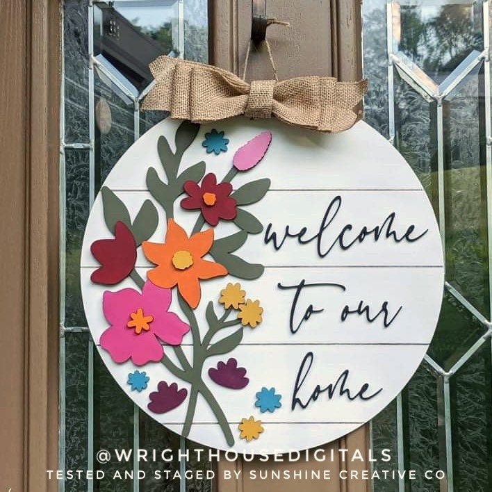 Daniela Wildflowers Door Hanger Round - Spring Floral Sign Making and DIY Kits - Single Line Cut File For Glowforge Laser - Digital SVG File