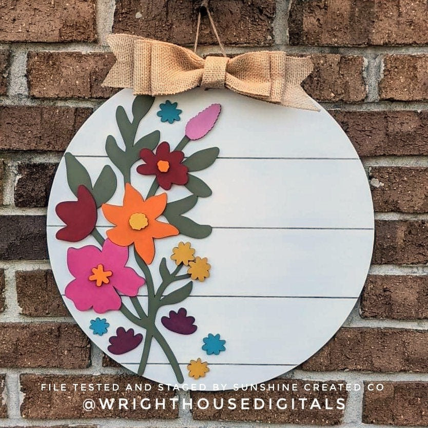 Daniela Wildflowers Door Hanger Round - Spring Floral Sign Making and DIY Kits - Single Line Cut File For Glowforge Laser - Digital SVG File