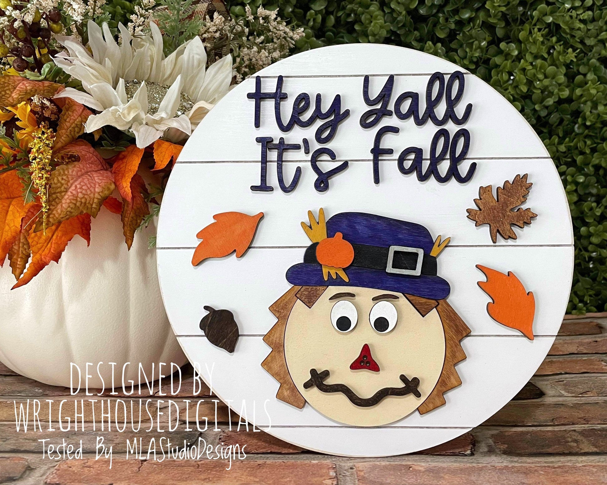 Hey Y'all It's Fall Scarecrow Autumn Door Hanger Round - Seasonal Sign Making and DIY Kits - Cut File For Glowforge Laser - Digital SVG File