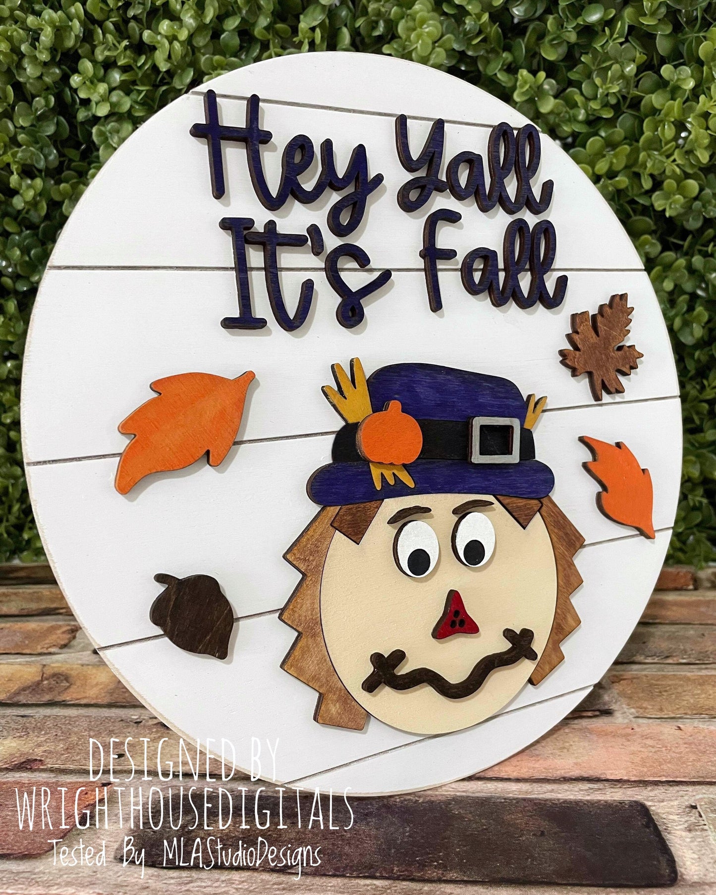 Hey Y'all It's Fall Scarecrow Autumn Door Hanger Round - Seasonal Sign Making and DIY Kits - Cut File For Glowforge Laser - Digital SVG File