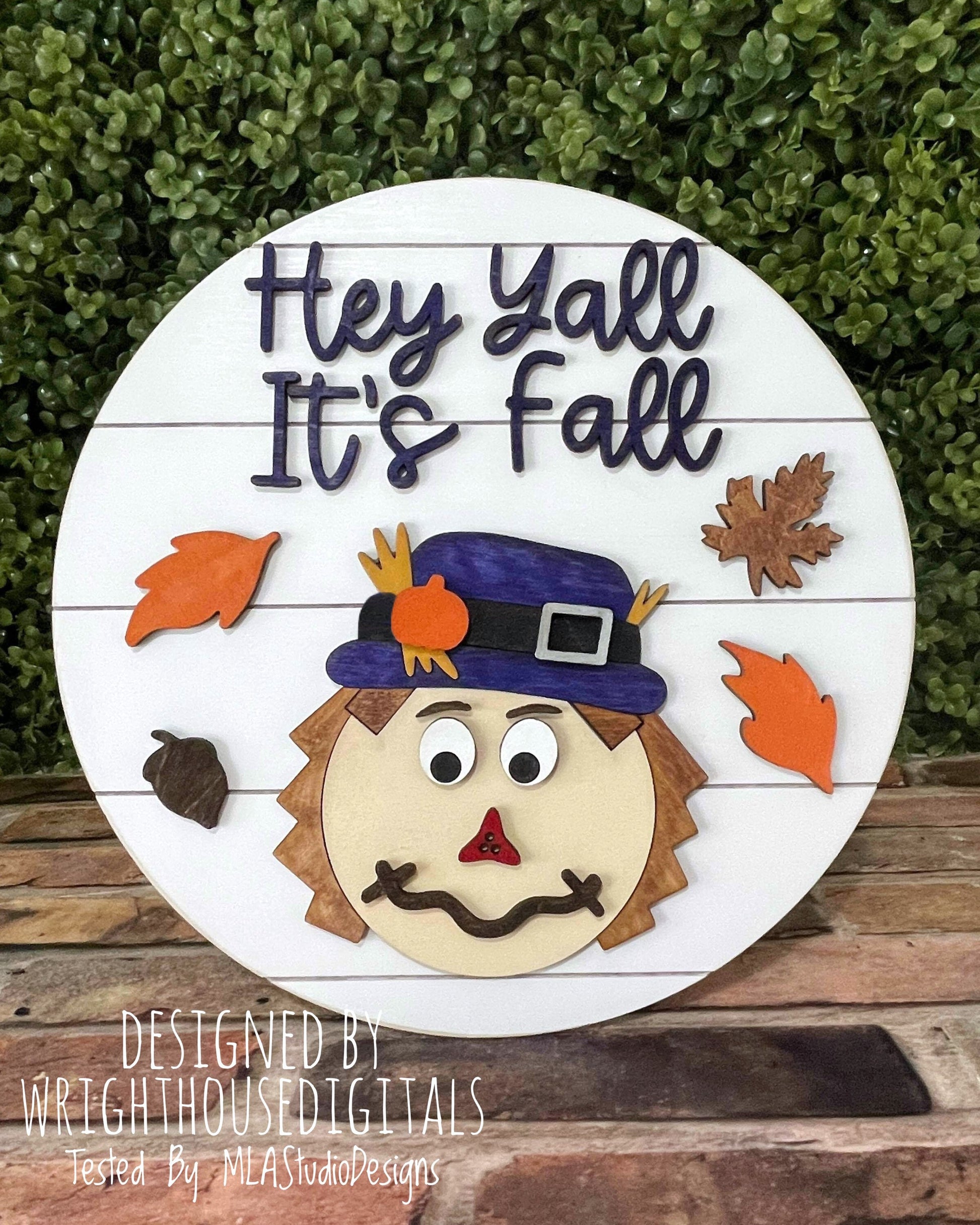 Hey Y'all It's Fall Scarecrow Autumn Door Hanger Round - Seasonal Sign Making and DIY Kits - Cut File For Glowforge Laser - Digital SVG File