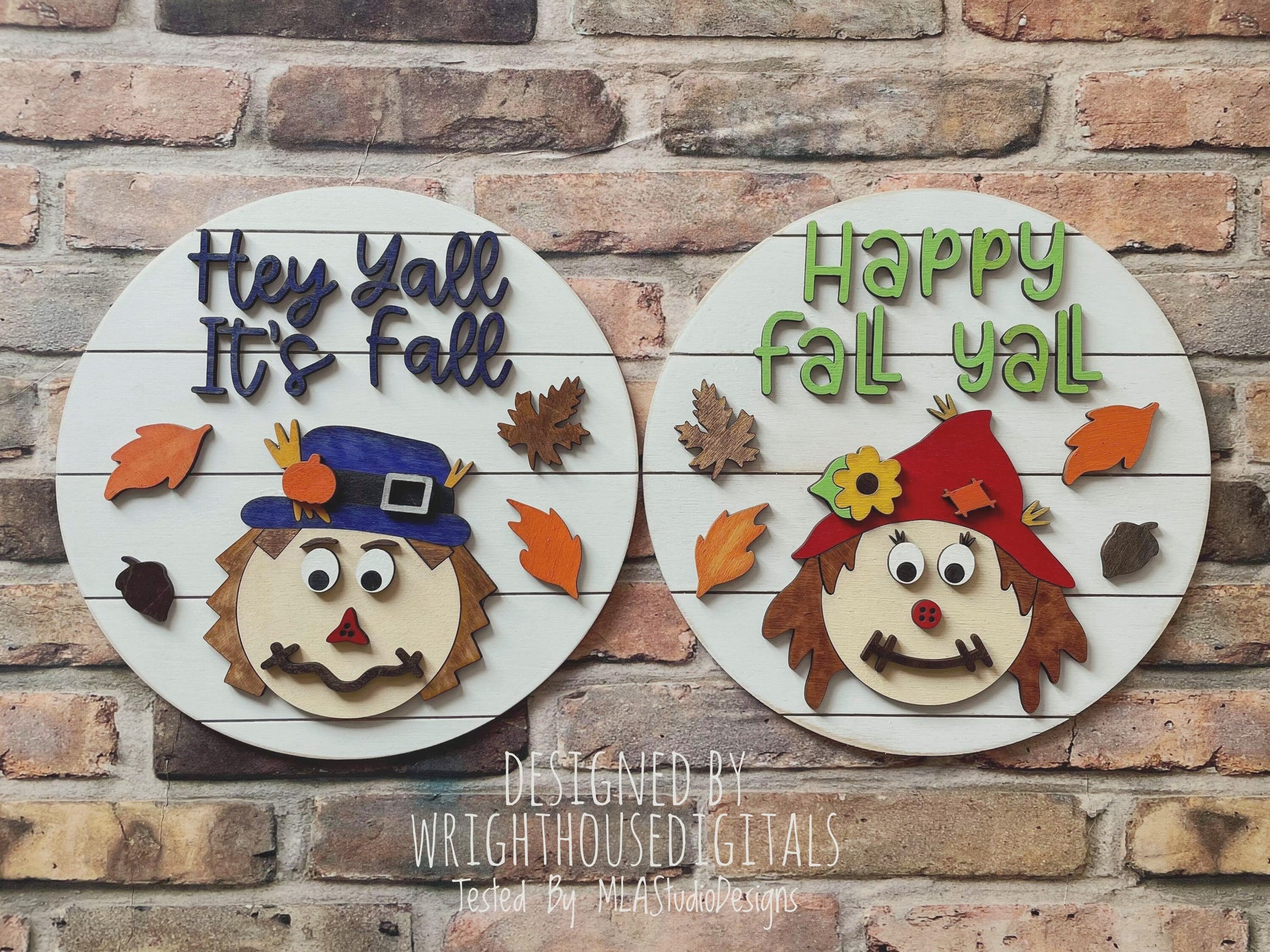 Hey Y'all It's Fall Scarecrow Autumn Door Hanger Round - Seasonal Sign Making and DIY Kits - Cut File For Glowforge Laser - Digital SVG File