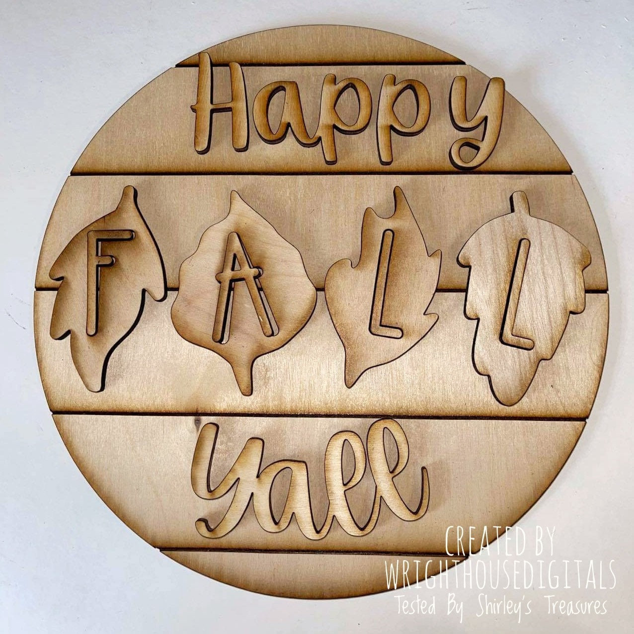 Happy Fall Yall In Leaves Autumn Door Hanger Round - Seasonal Sign Making and DIY Kits - Cut File For Glowforge Lasers - Digital SVG File