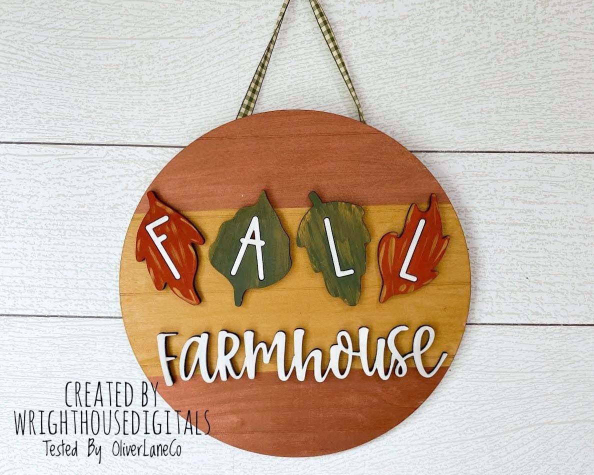 Fall Farmhouse In Leaves Door Hanger Round - Seasonal Sign Making and DIY Kits - Cut File For Glowforge Laser - Digital SVG File