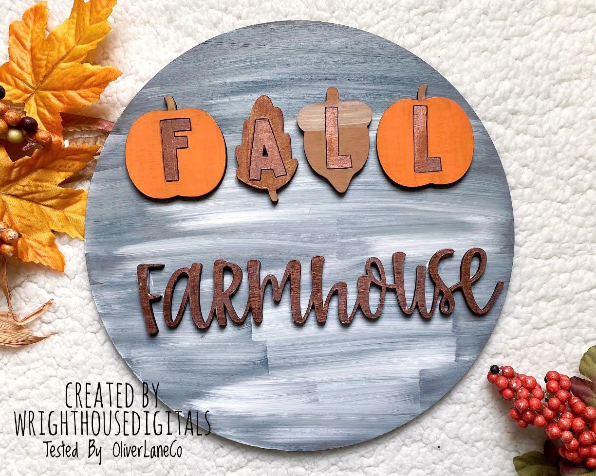 Fall Farmhouse In Pumpkins Door Hanger Round - Seasonal Sign Making and DIY Kits - Cut File For Glowforge Laser - Digital SVG File