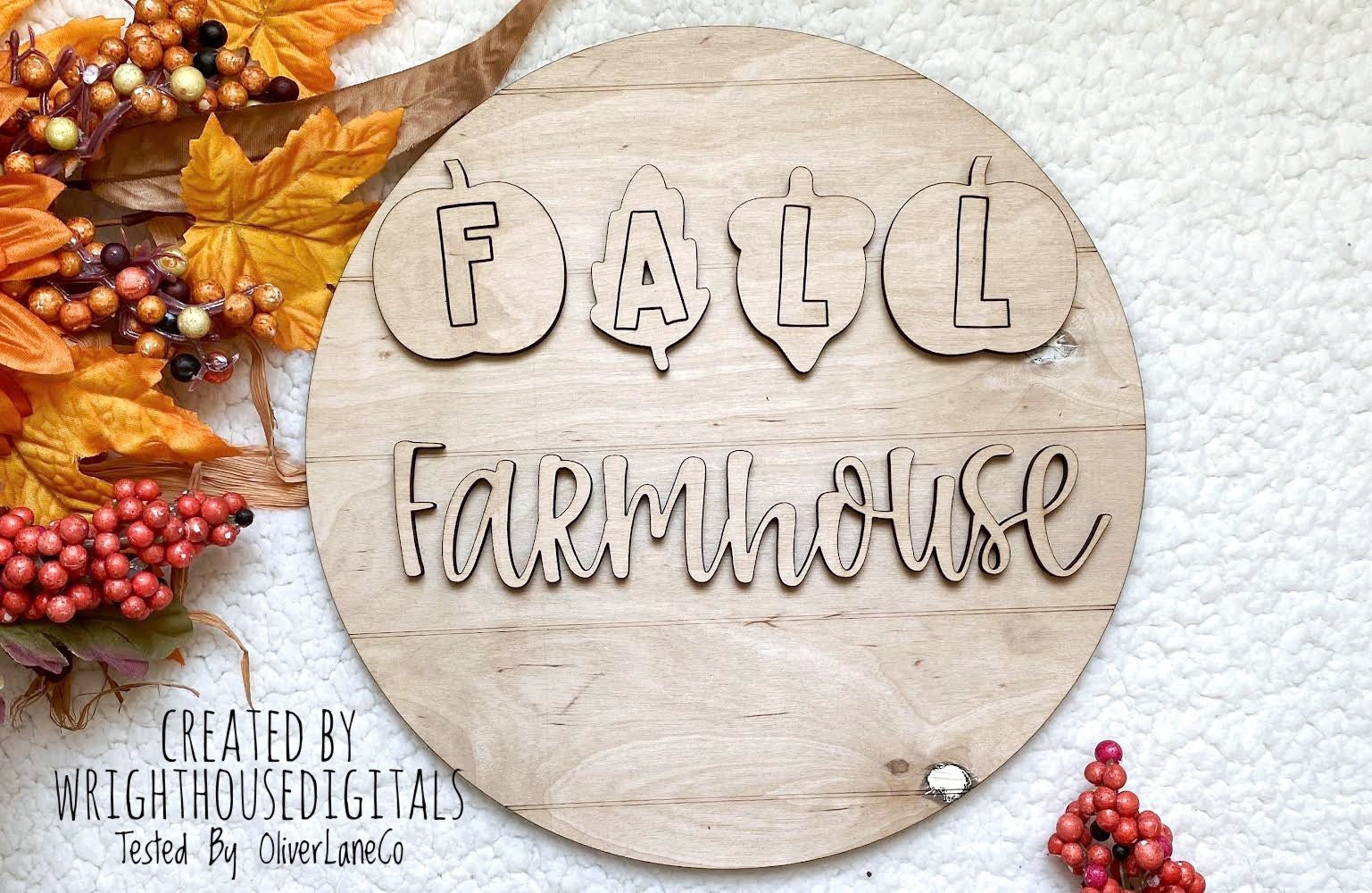 Fall Farmhouse In Pumpkins Door Hanger Round - Seasonal Sign Making and DIY Kits - Cut File For Glowforge Laser - Digital SVG File