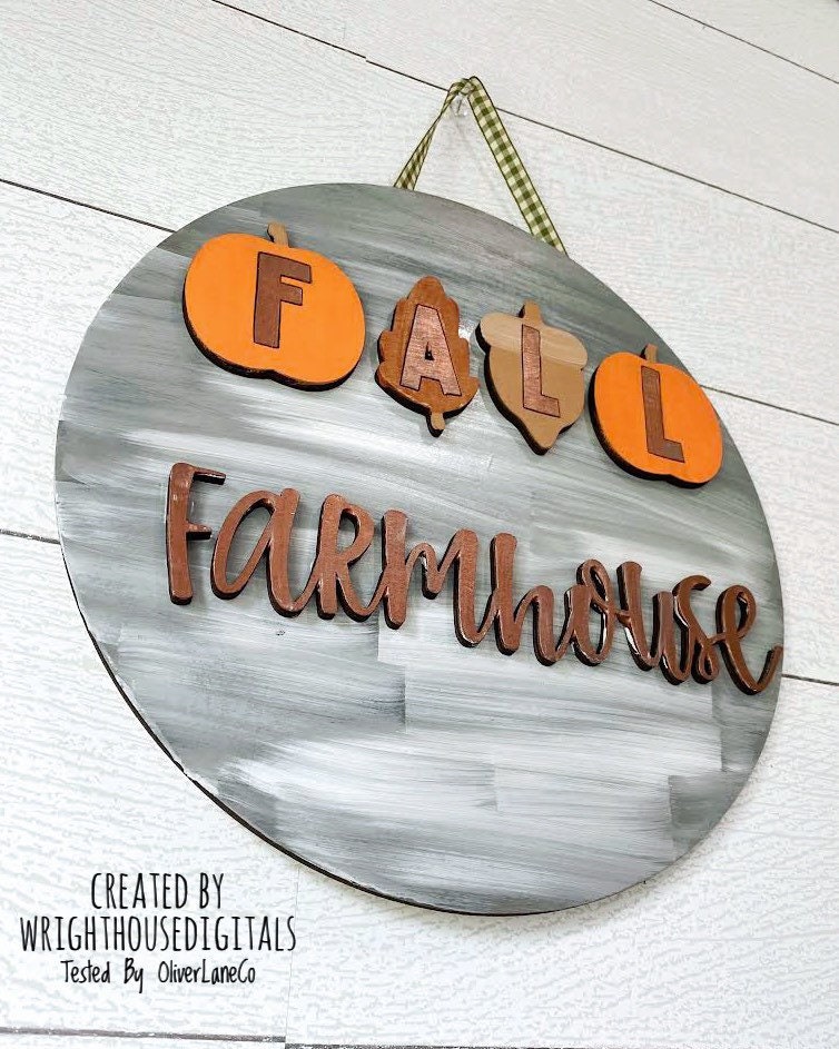 Fall Farmhouse In Pumpkins Door Hanger Round - Seasonal Sign Making and DIY Kits - Cut File For Glowforge Laser - Digital SVG File