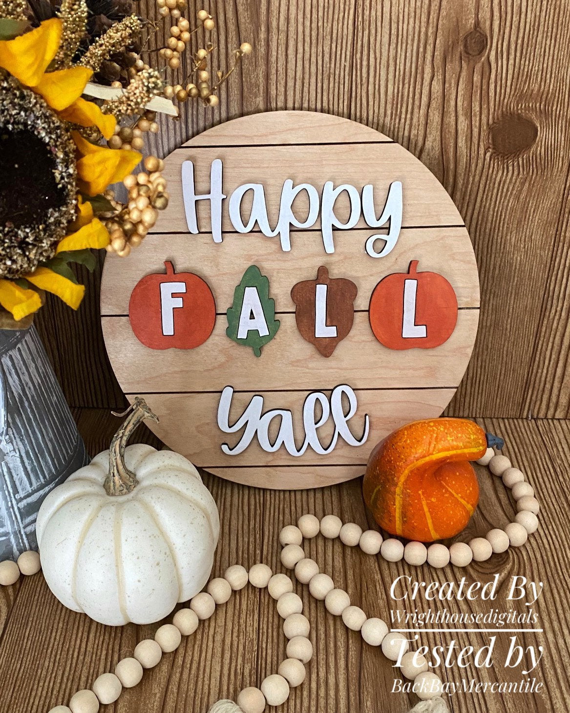 Happy Fall Yall In Pumpkins Autumn Door Hanger Round - Seasonal Sign Making and DIY Kits - Cut File For Glowforge Lasers - Digital SVG File