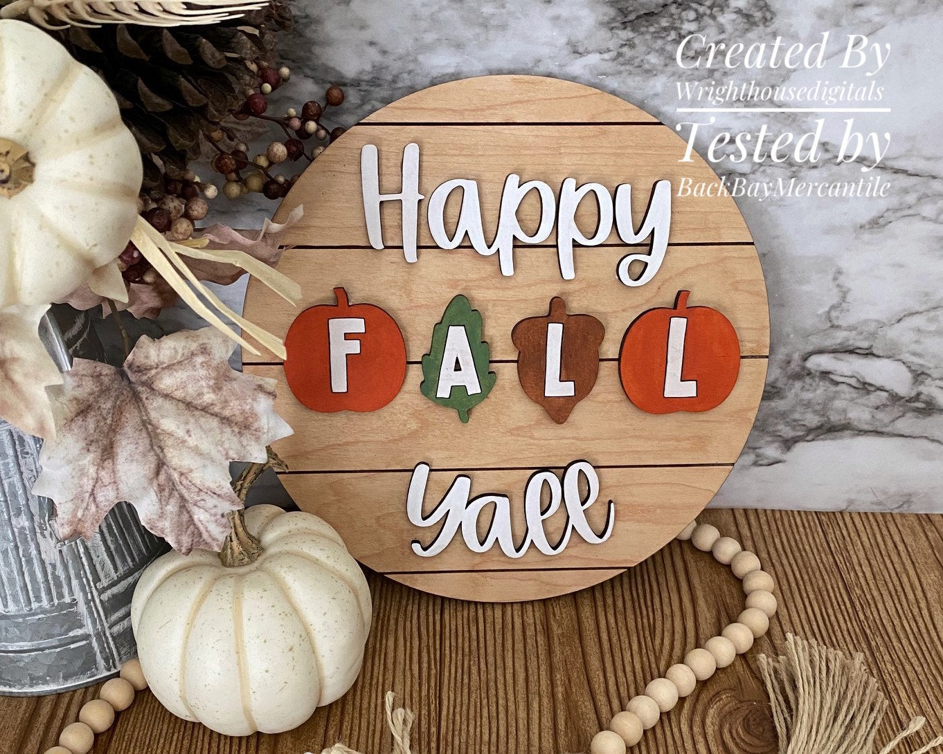 Happy Fall Yall In Pumpkins Autumn Door Hanger Round - Seasonal Sign Making and DIY Kits - Cut File For Glowforge Lasers - Digital SVG File