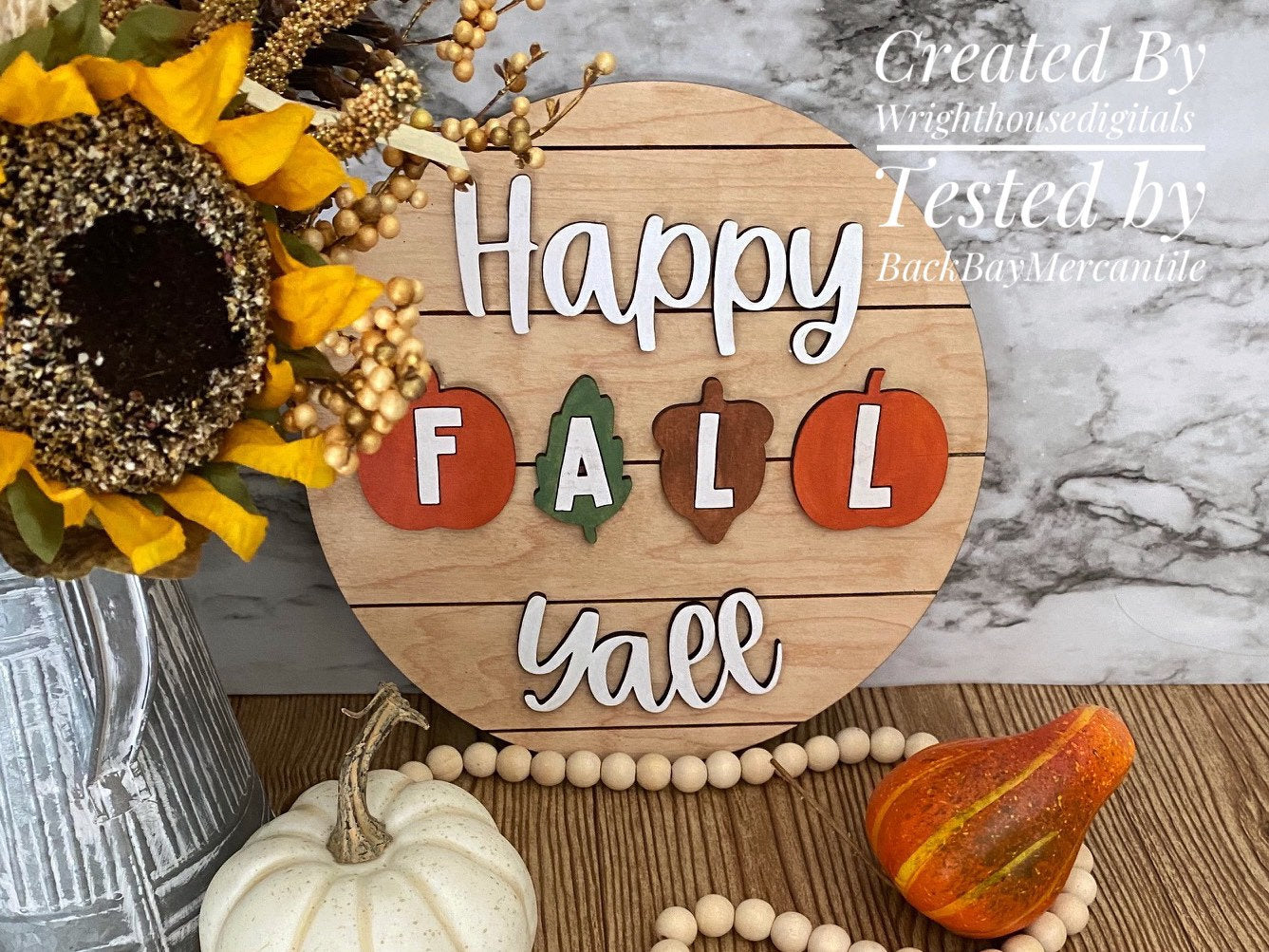 Happy Fall Yall In Pumpkins Autumn Door Hanger Round - Seasonal Sign Making and DIY Kits - Cut File For Glowforge Lasers - Digital SVG File