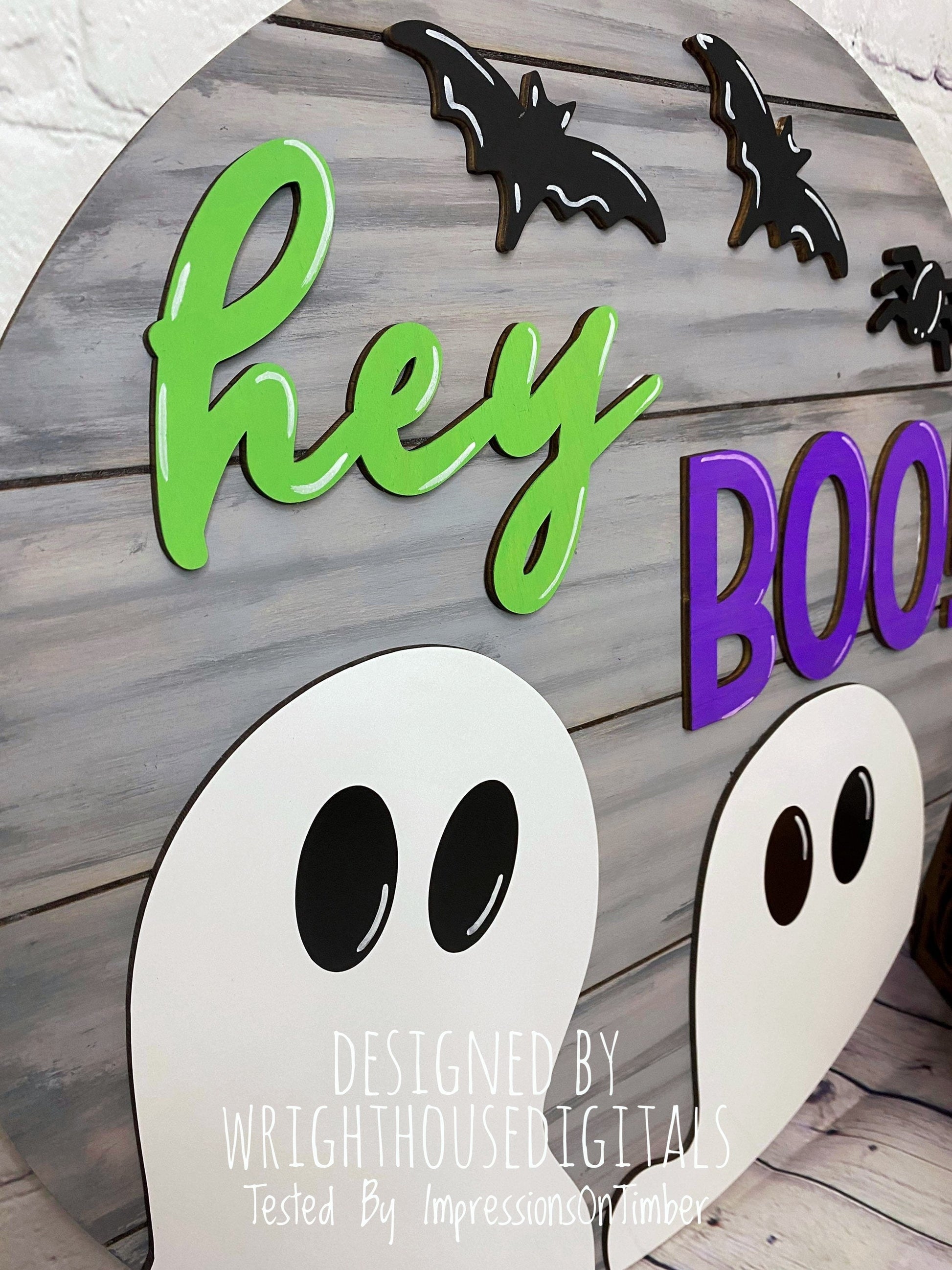 Hey Boo Ghost and Bats Halloween Round - Seasonal Sign Making and DIY Kits - Cut File For Glowforge Lasers - Digital SVG File