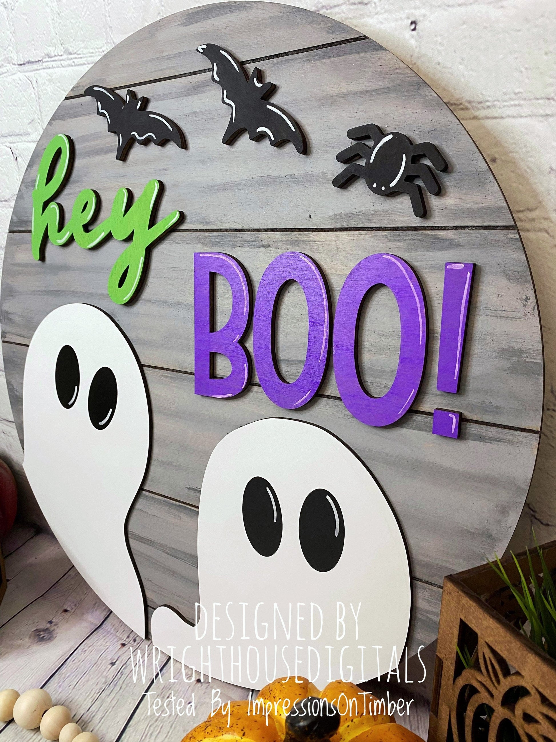 Hey Boo Ghost and Bats Halloween Round - Seasonal Sign Making and DIY Kits - Cut File For Glowforge Lasers - Digital SVG File