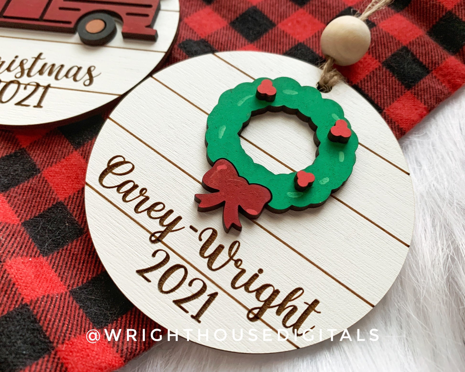 Farmhouse Red Truck Yearly Christmas Tree Ornament - Personalized Name Keepsake - Wooden Shiplap Gift Bag and Stocking Tags For The Family