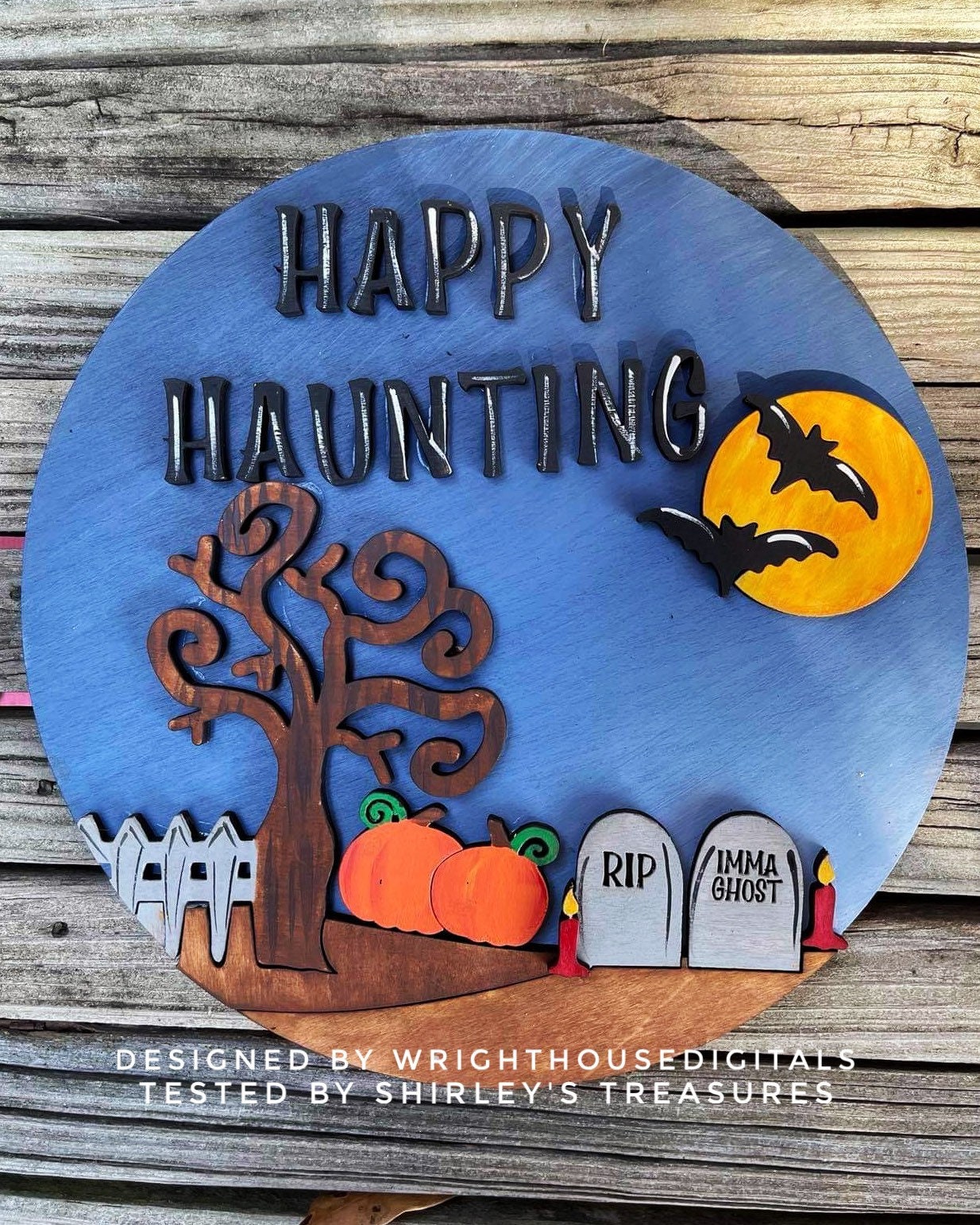 Happy Haunting Graveyard Halloween Door Hanger Round - Seasonal Sign Making and DIY Kits - Cut File For Glowforge Lasers - Digital SVG File